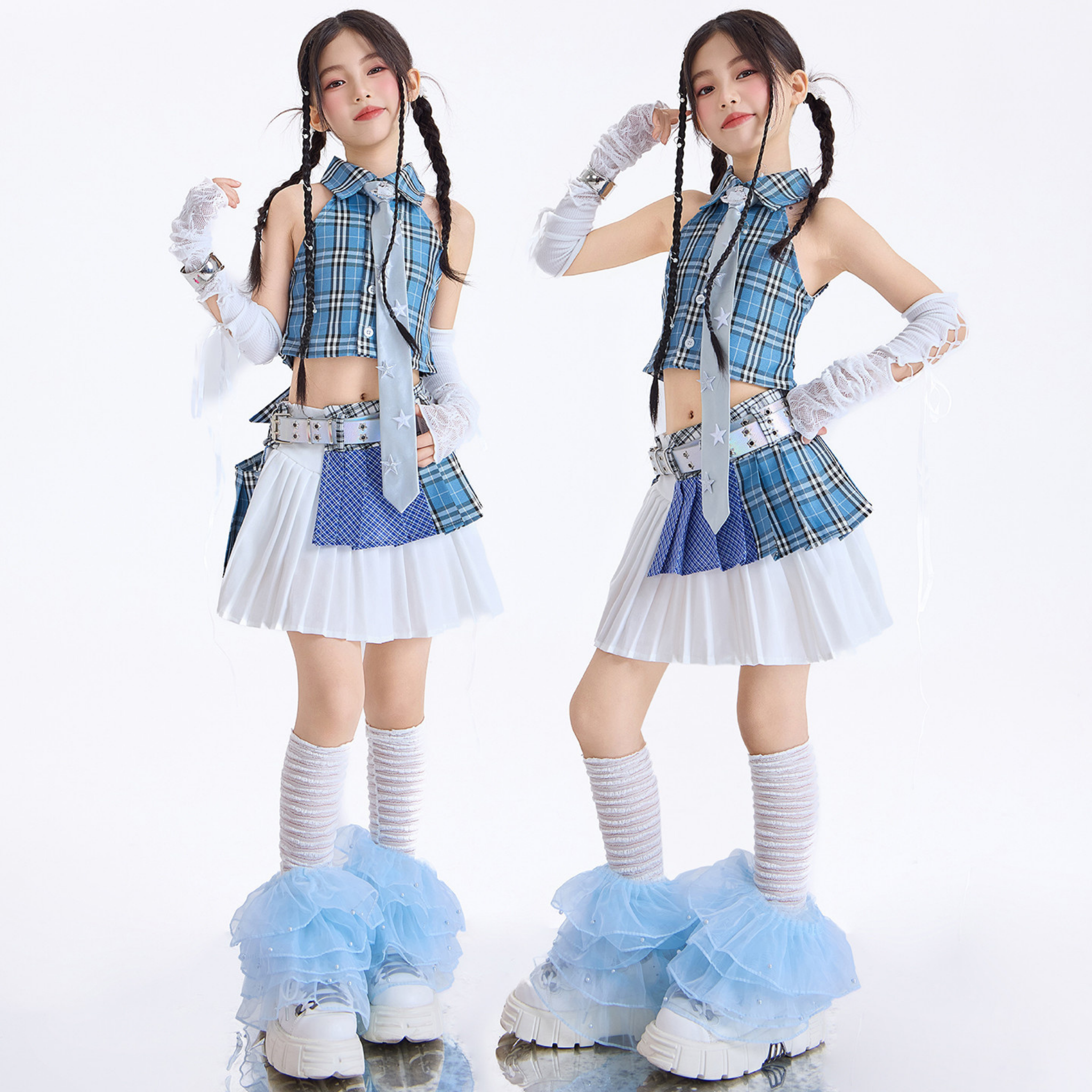 GIRLS ブルーチェック プリーツスカートセットアップ キッズダンス衣装