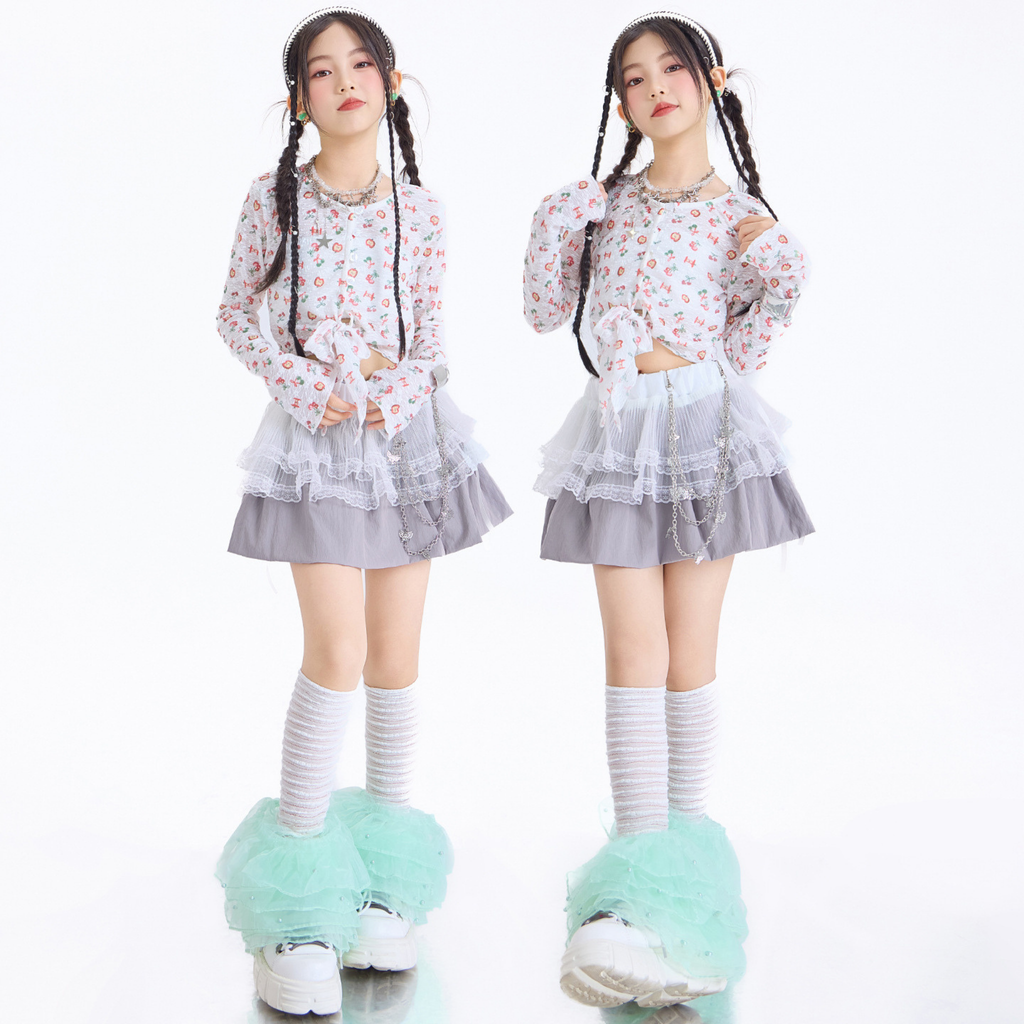 GIRLS フルーツプリント グレーティアードスカートセットアップ キッズダンス衣装