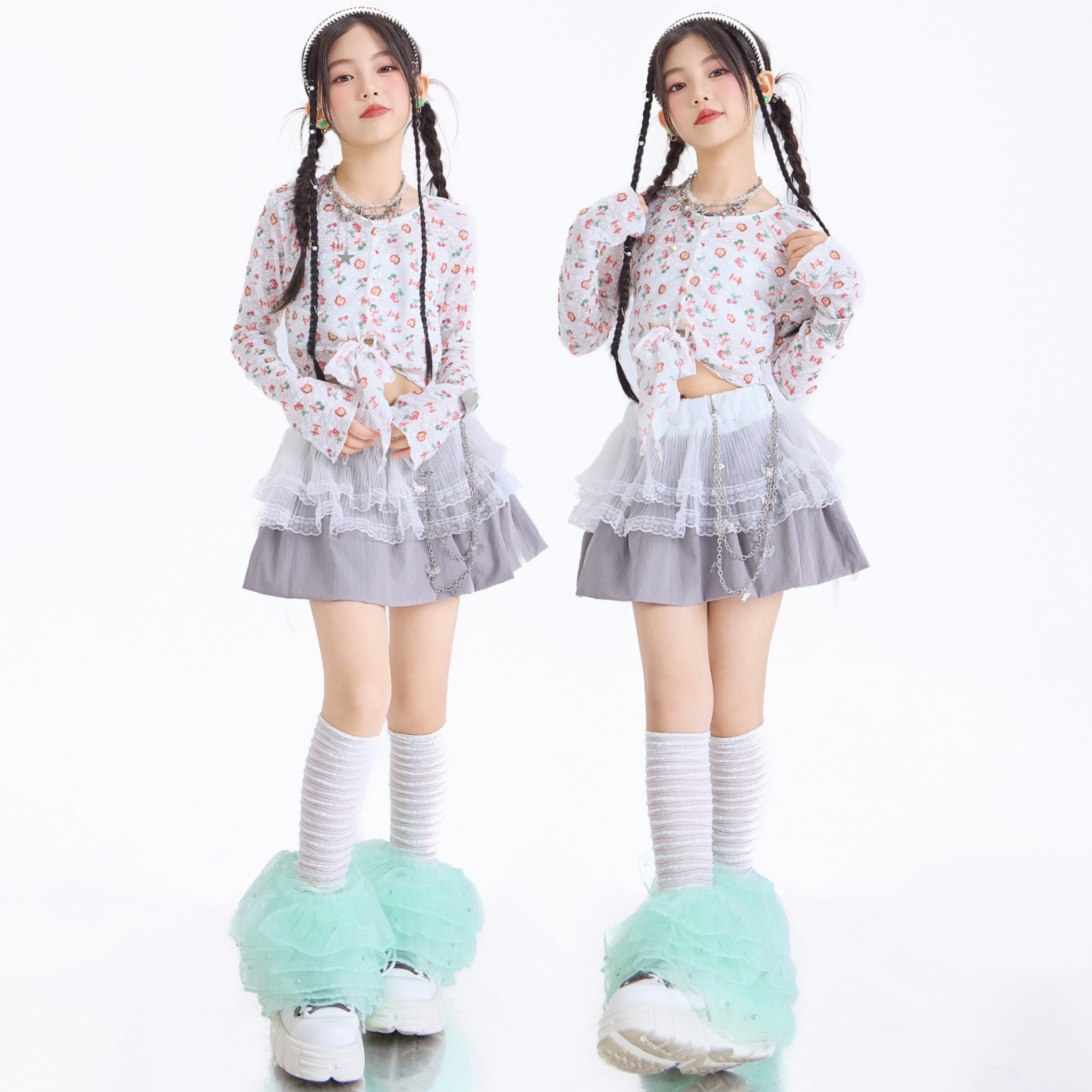 GIRLS フルーツプリント グレーティアードスカートセットアップ キッズダンス衣装