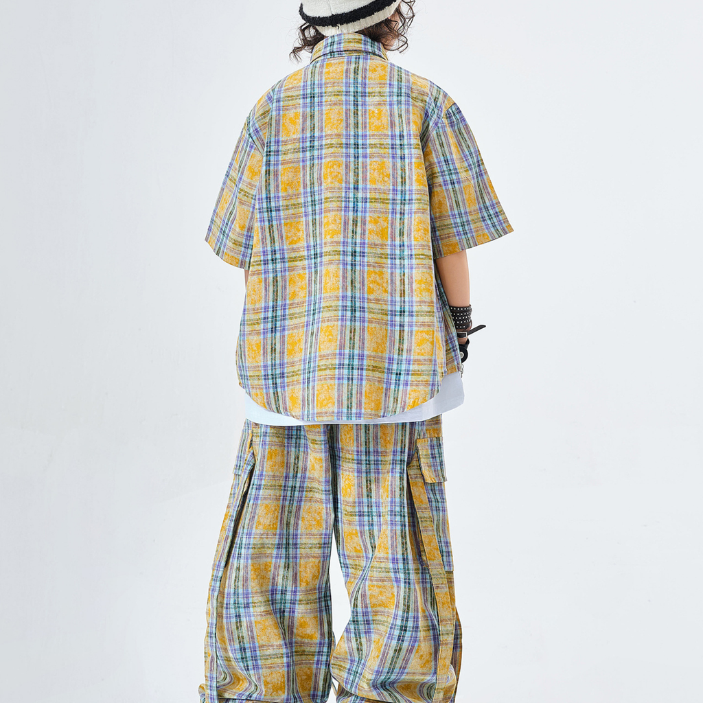 STREET イエローチェック ワイドパンツセットアップ キッズダンス衣装