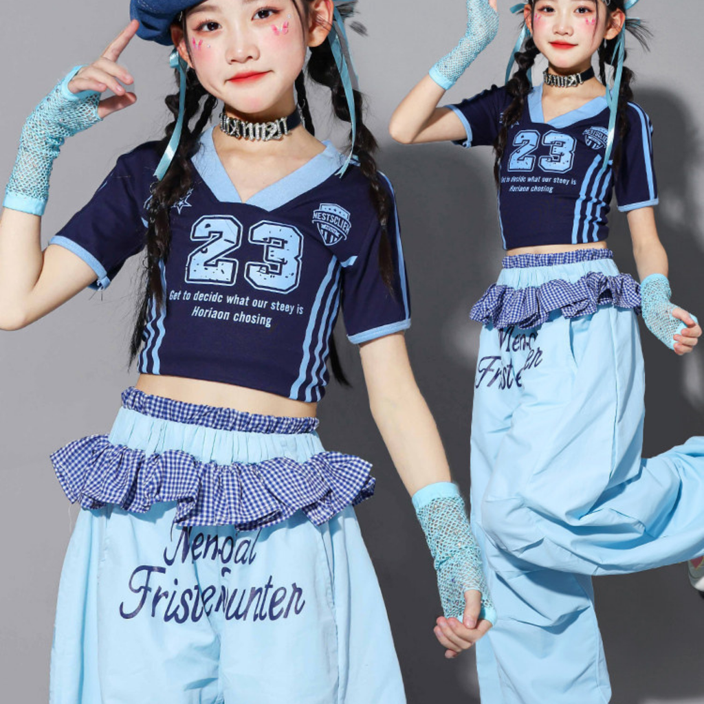 HIPHOP ライトブルーナンバー ワイドパンツセットアップ キッズダンス衣装