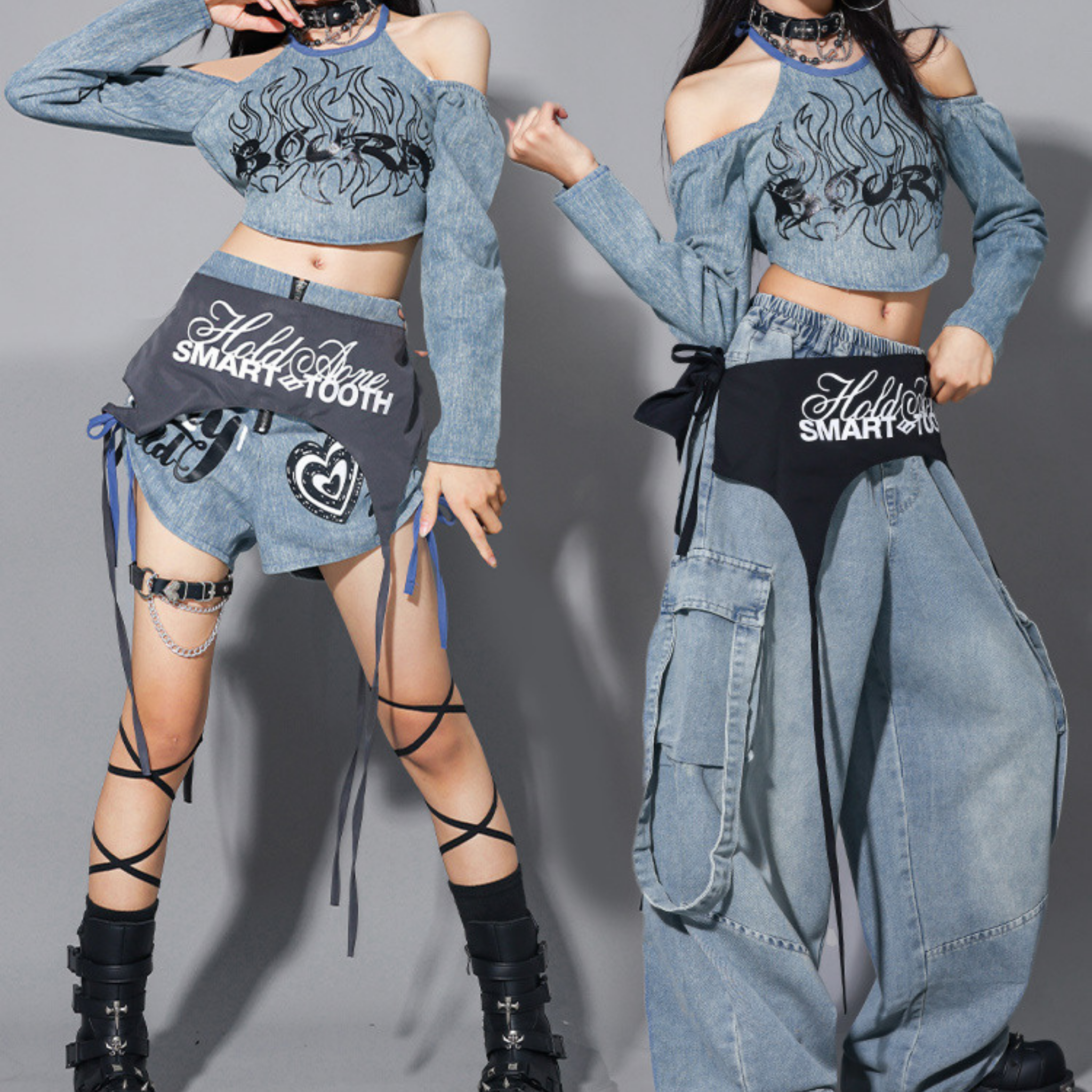 HIPHOP デニムグラフィック セットアップ キッズダンス衣装
