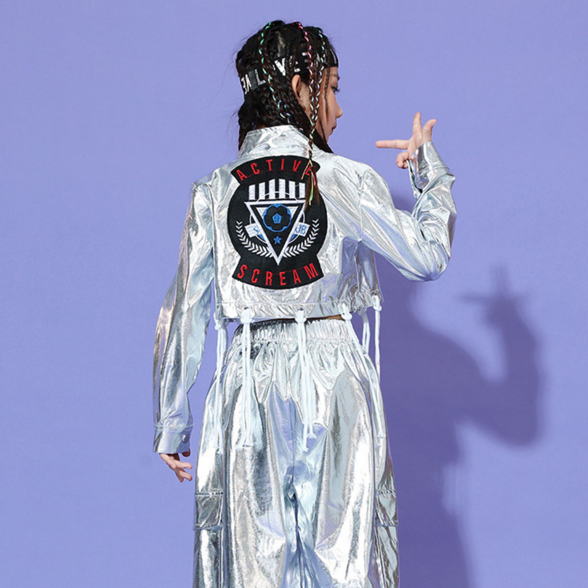 HIPHOP メタリックシルバー カーゴセットアップ キッズダンス衣装