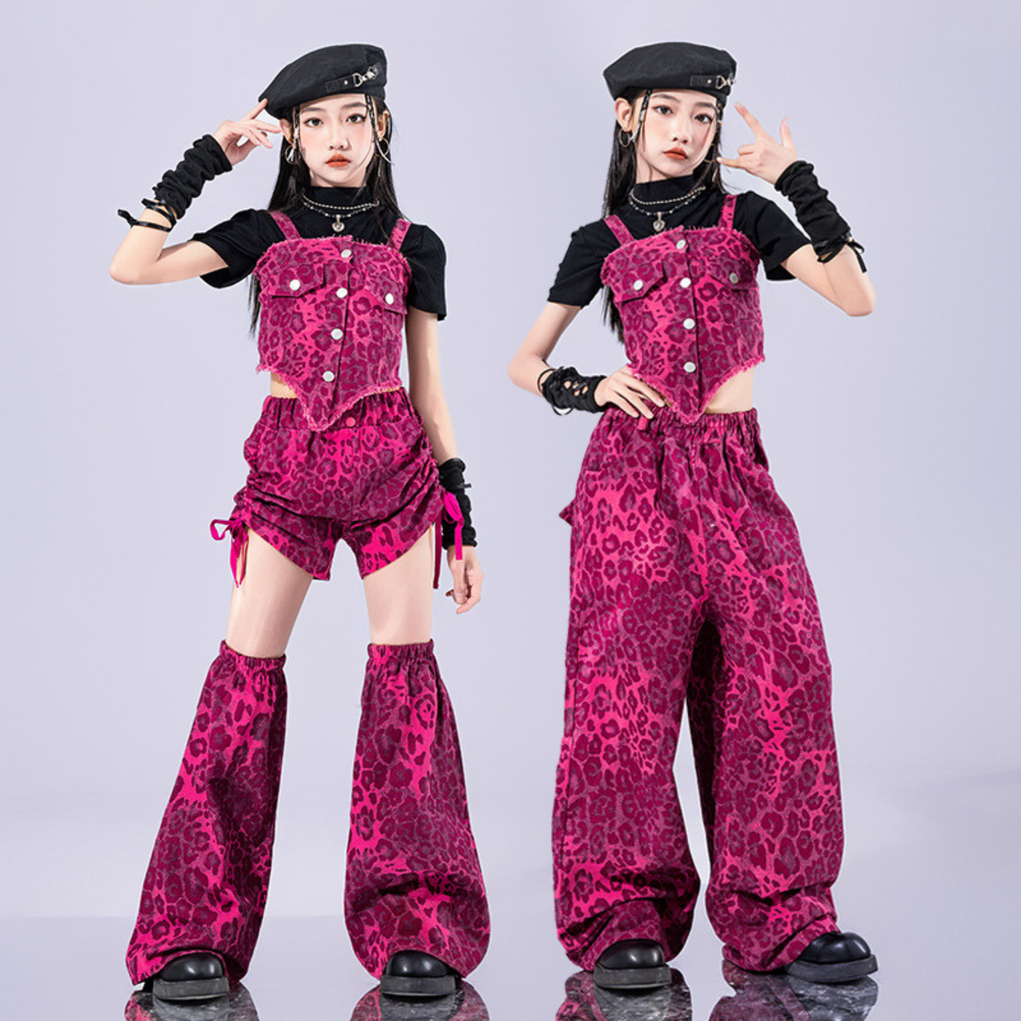 GIRLS ピンクレオパード ステージセットアップ キッズダンス衣装