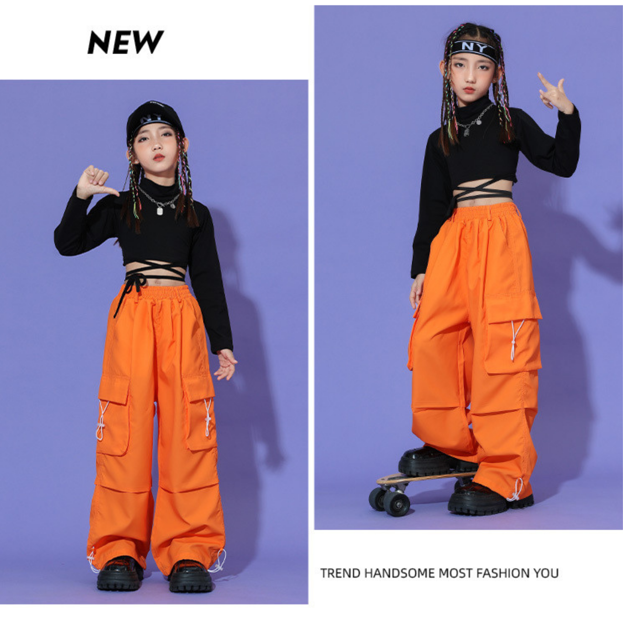 HIPHOP ネオンカラー カーゴパンツセットアップ キッズダンス衣装