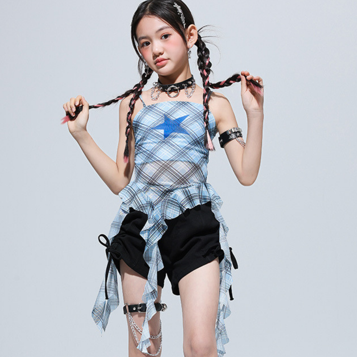 GIRLS ブルーチェック フリルショートパンツセットアップ キッズダンス衣装 商品画像8