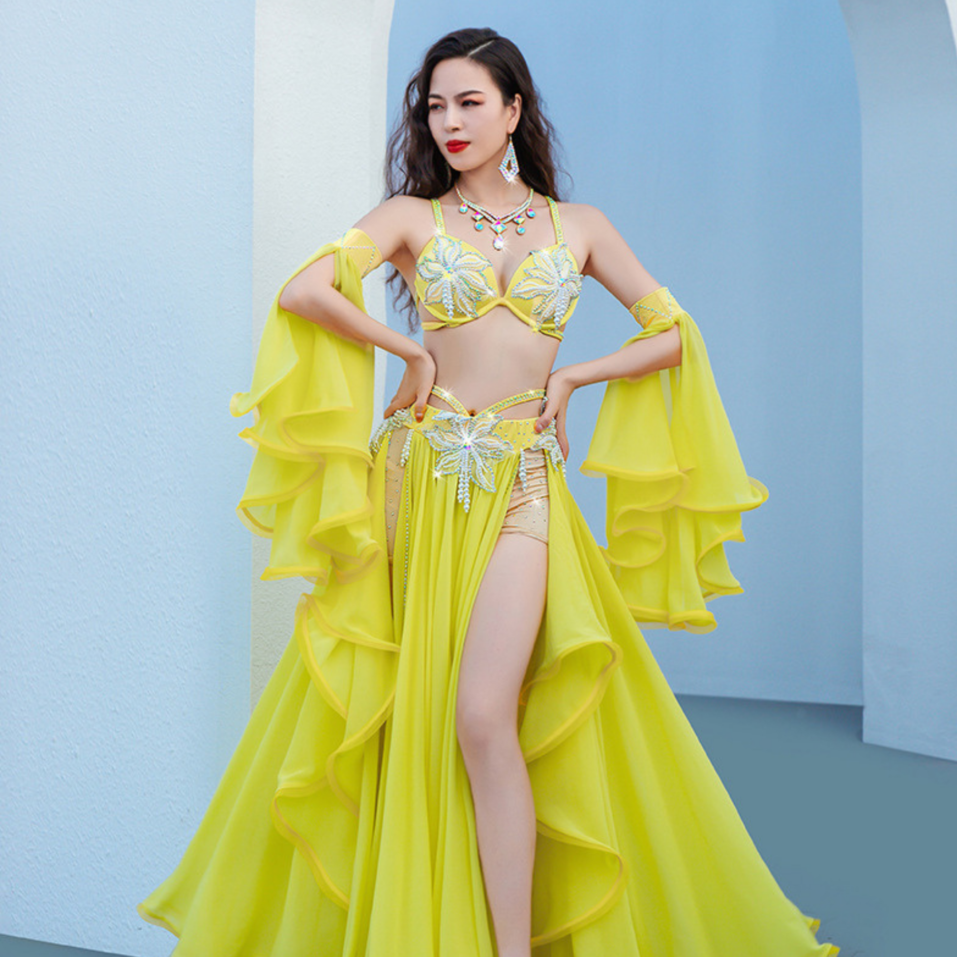 ベリーダンスコスチューム　プリンセススタイル　イエロー　ホワイト　パープル