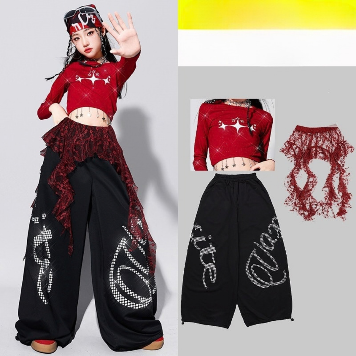 HIPHOP レッドクロップトップ グラフィックワイドパンツ セットアップ 商品画像2