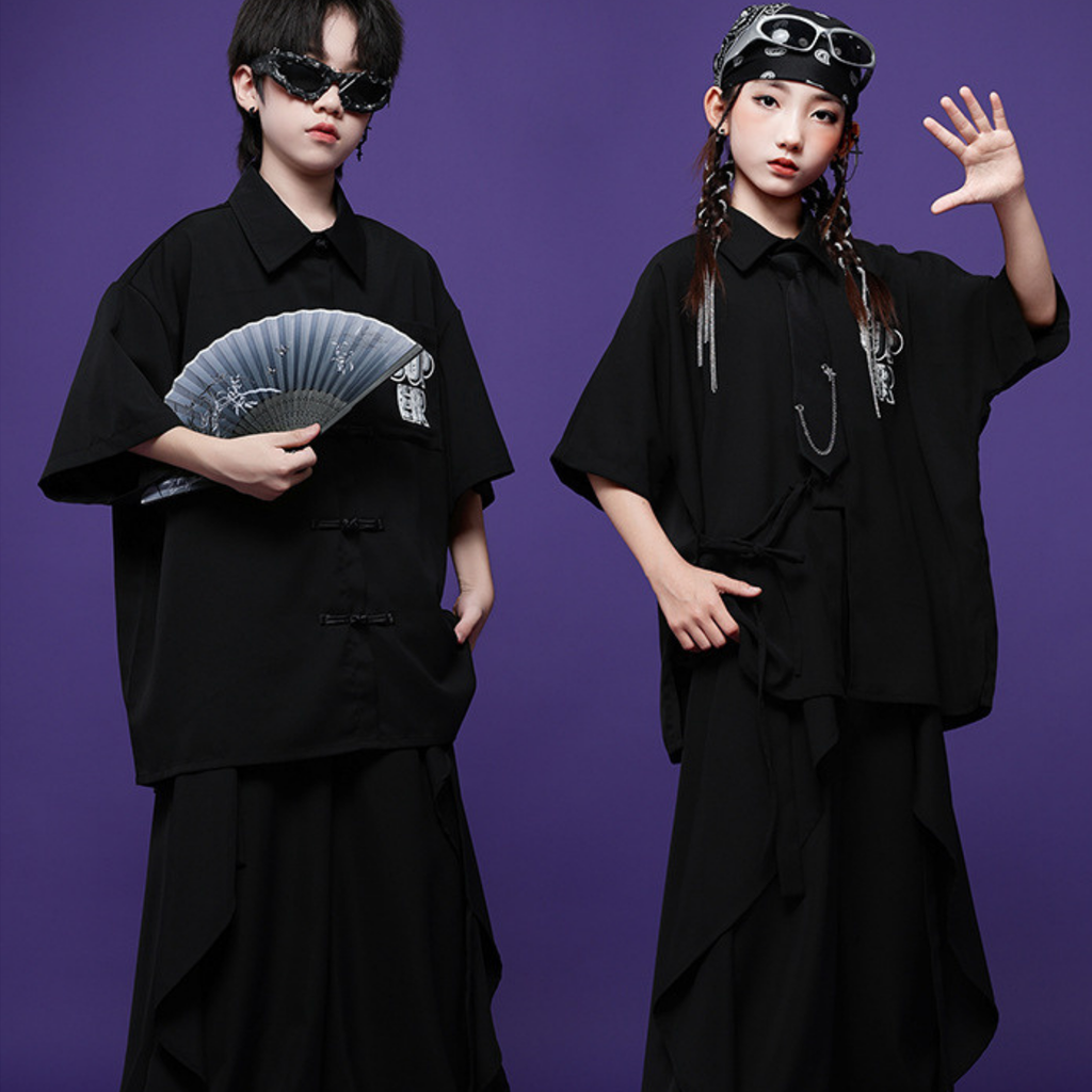 HIPHOP ブラックチャイナボタン ワイドパンツセットアップ キッズダンス衣装