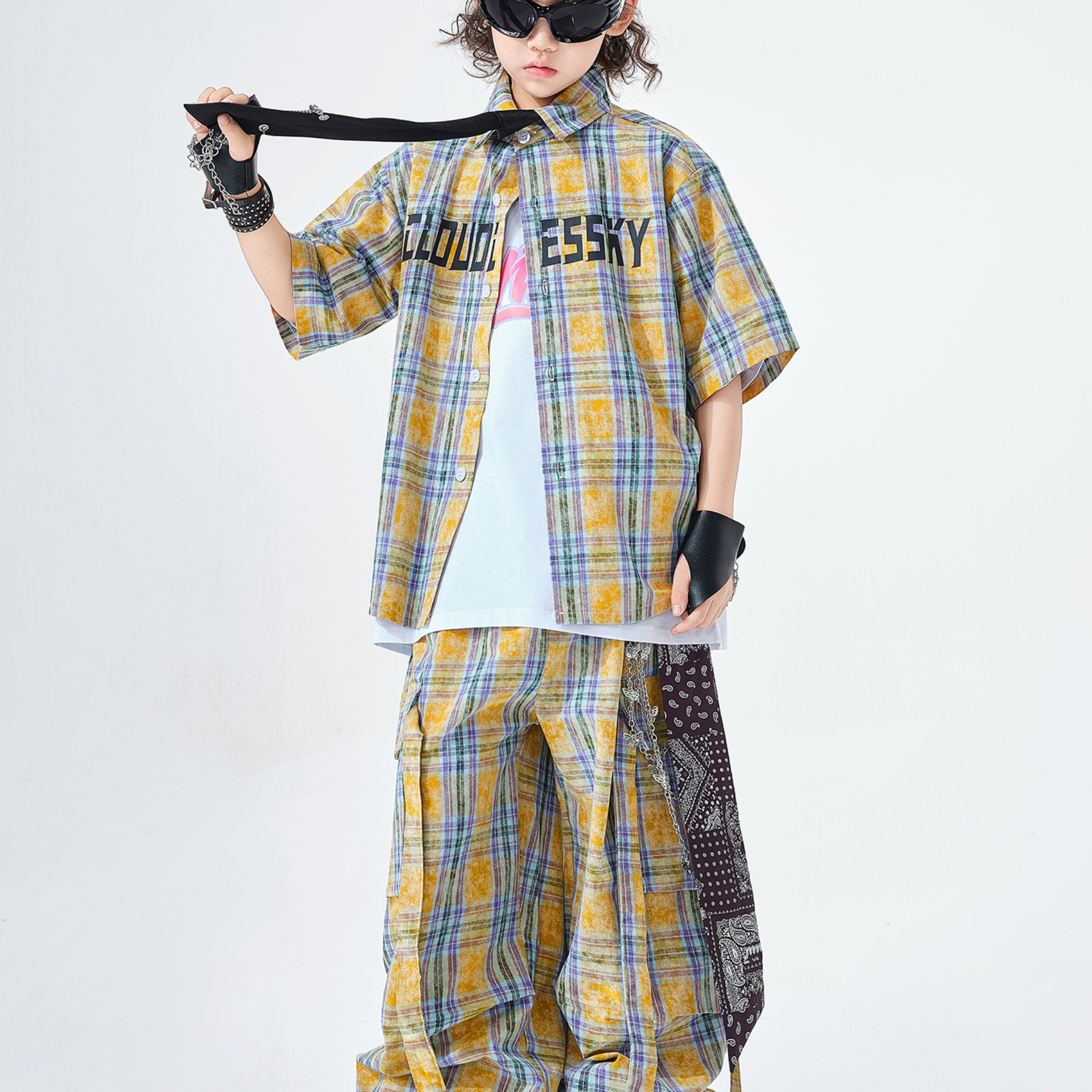 STREET イエローチェック ワイドパンツセットアップ キッズダンス衣装
