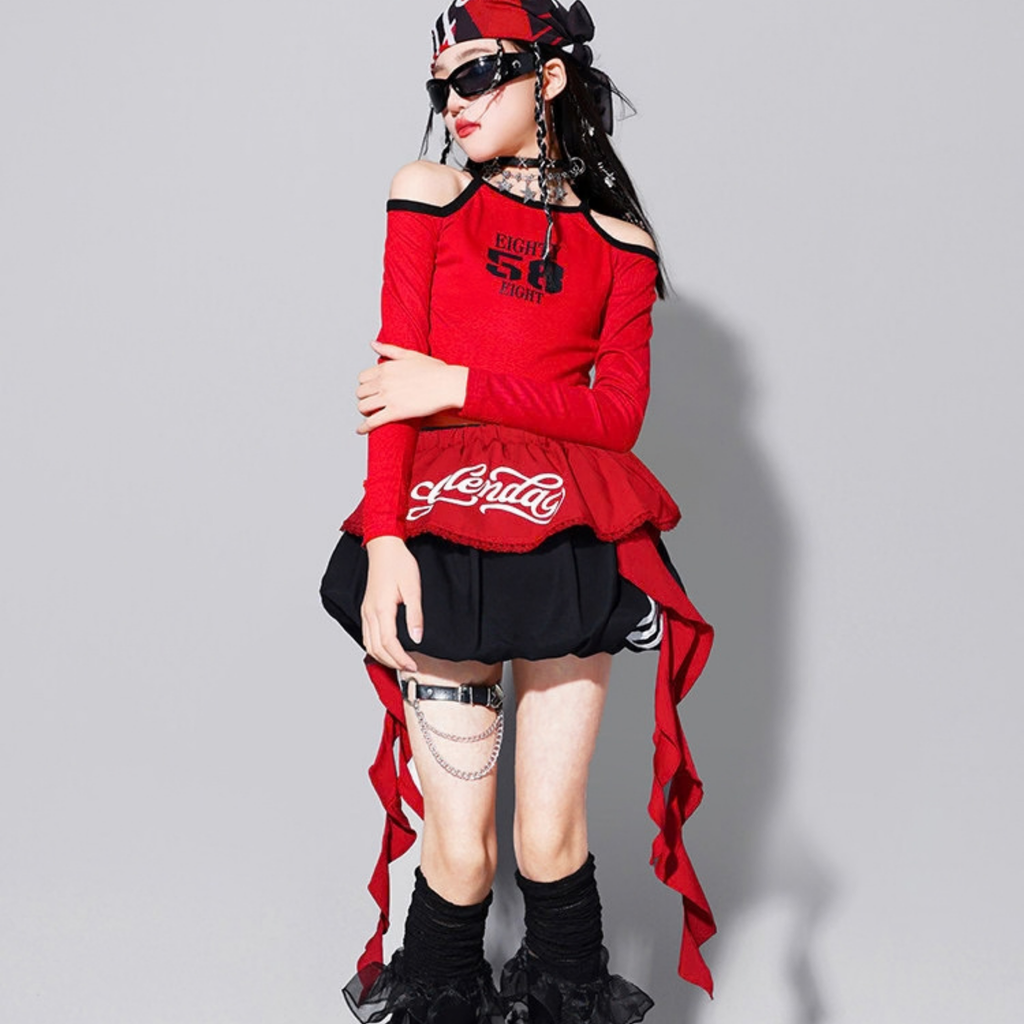 GIRLS レッド58グラフィック ティアードスカートセットアップ キッズダンス衣装｜商品イメージ9｜RAQS LUMINA