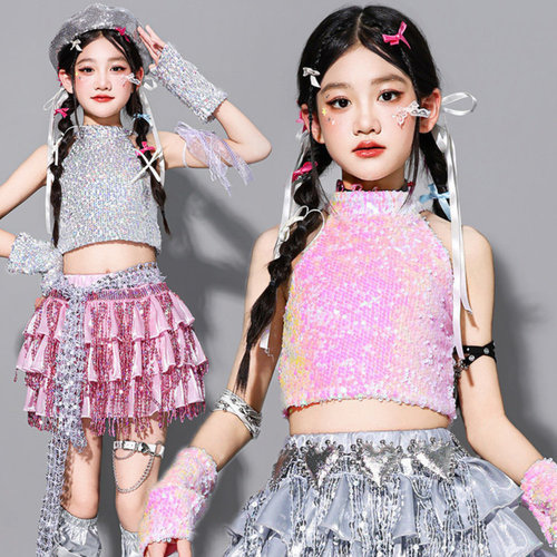 GIRLS ピンクシルバー スパンコールフリルセットアップ キッズダンス衣装