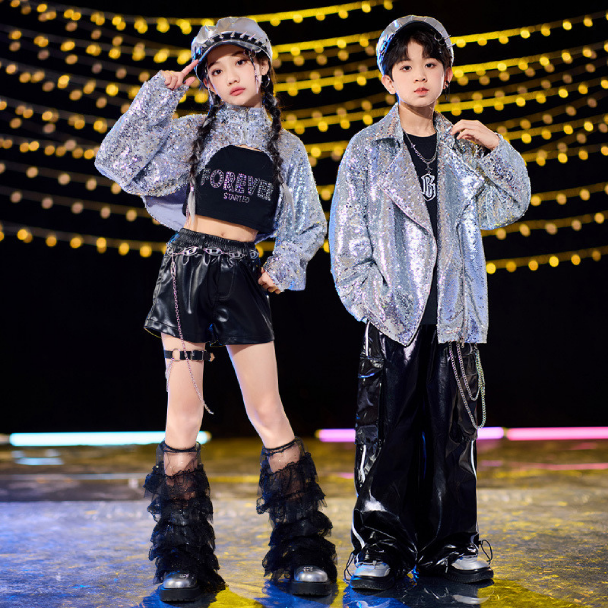 STREET シルバースパンコール ブラックセットアップ キッズダンス衣装
