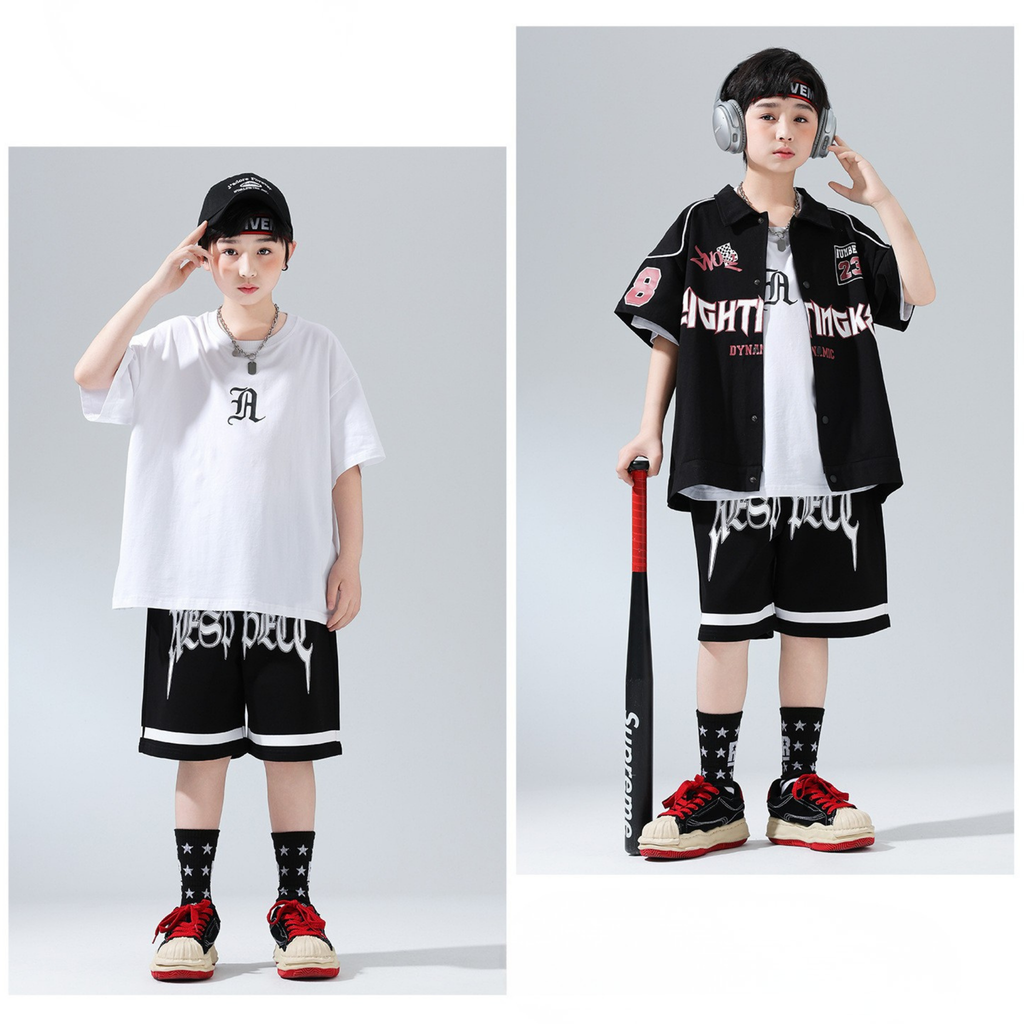 HIPHOP ブラックナンバー ハーフパンツセットアップ キッズダンス衣装