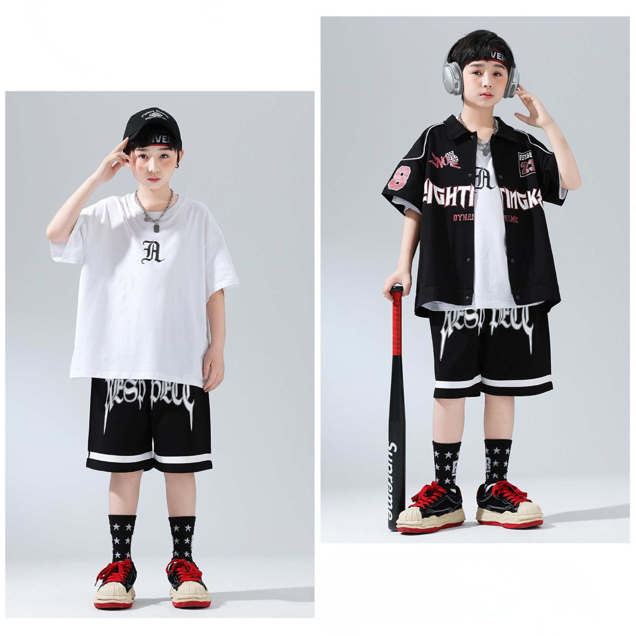 HIPHOP ブラックナンバー ハーフパンツセットアップ キッズダンス衣装