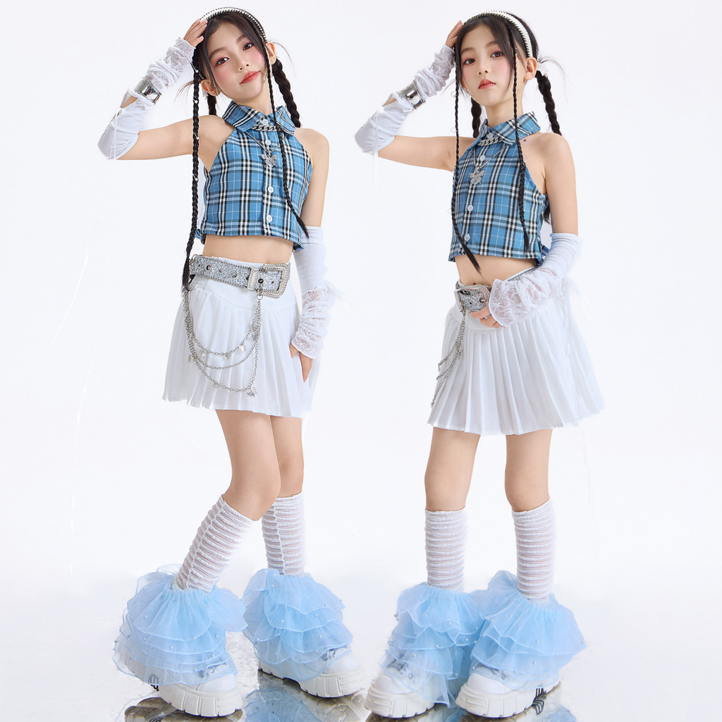 GIRLS ブルーチェック プリーツスカートセットアップ キッズダンス衣装