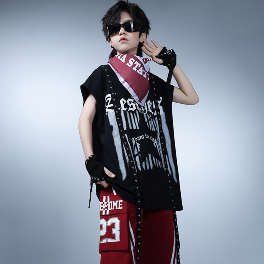 HIPHOP ブラックスタッズ レッドセットアップ キッズダンス衣装