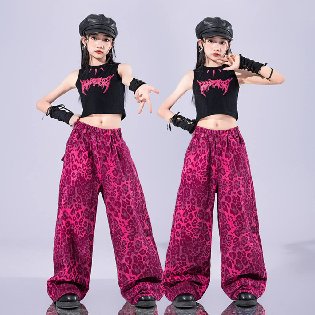 GIRLS ピンクレオパード ステージセットアップ キッズダンス衣装