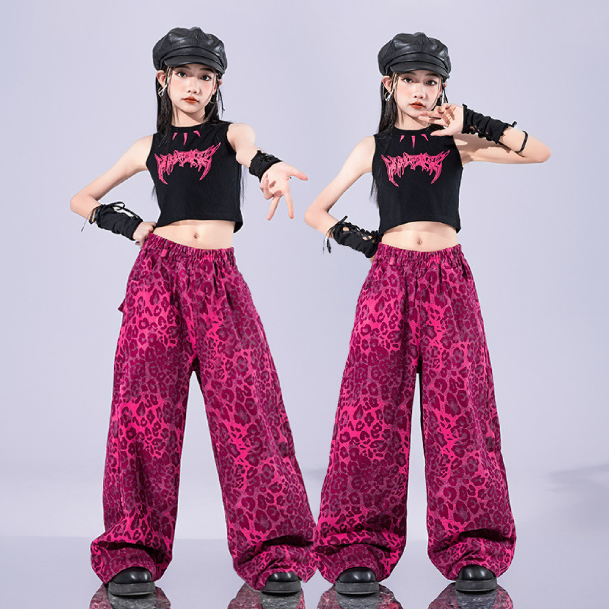 GIRLS ピンクレオパード ステージセットアップ キッズダンス衣装