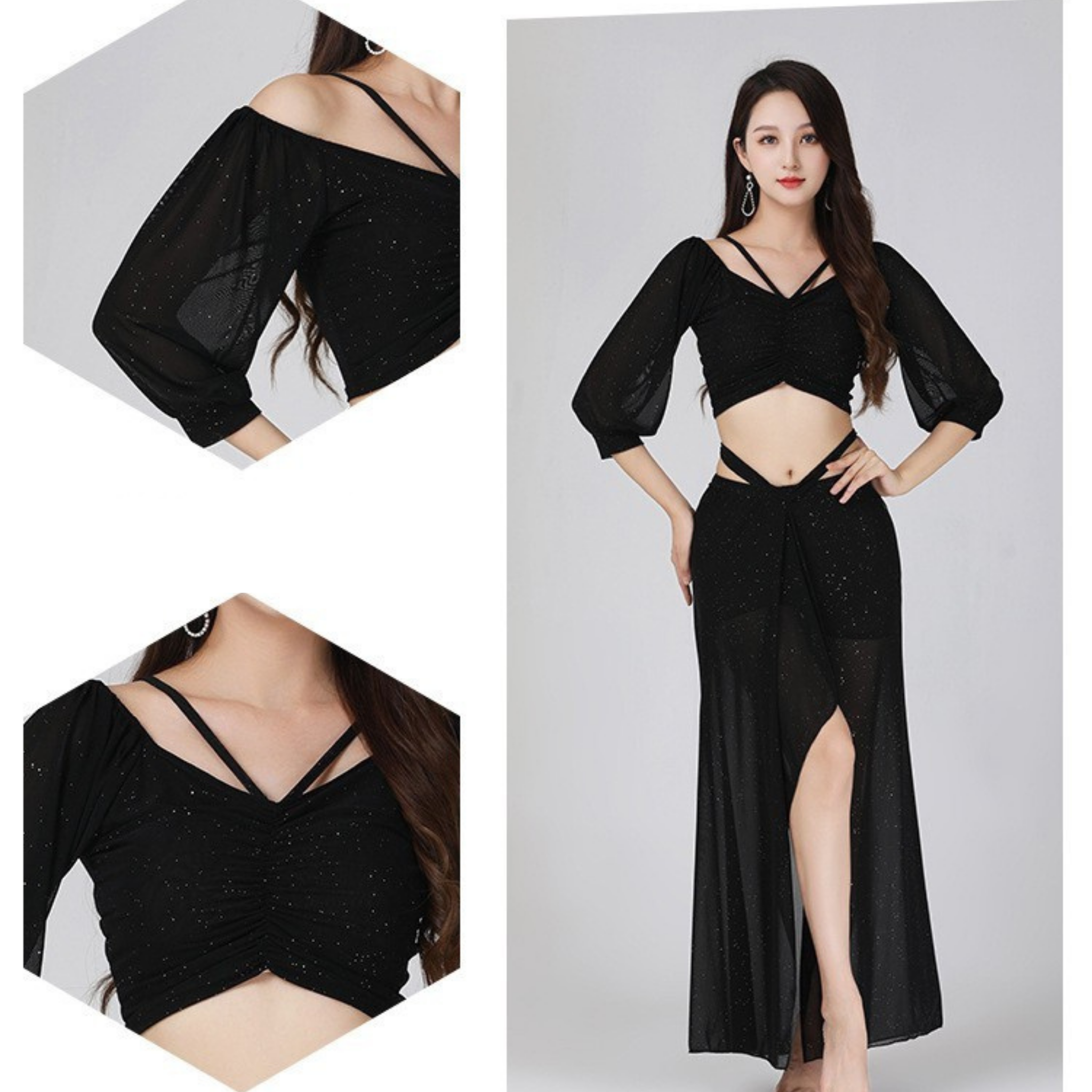 ベリーダンス　レッスンウェア　ラメ　メッシュ　ランタンスリーブ