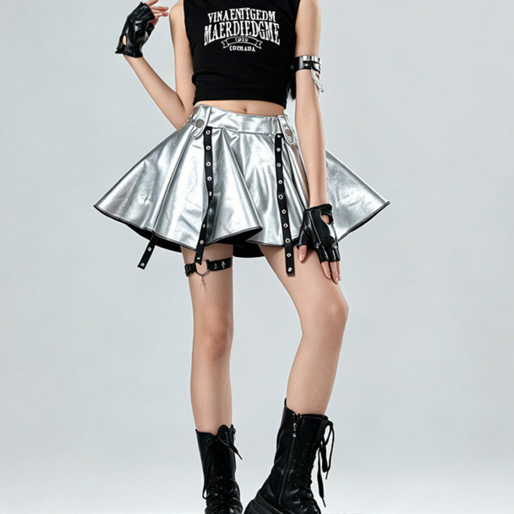 K-POP メタリックシルバー スカートセットアップ キッズダンス衣装