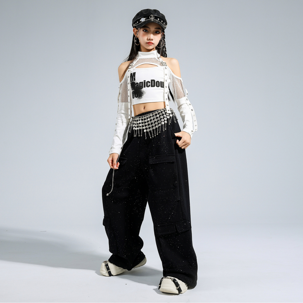 K-POP ホワイトカットアウト ブラックグリッターカーゴセットアップ キッズダンス衣装