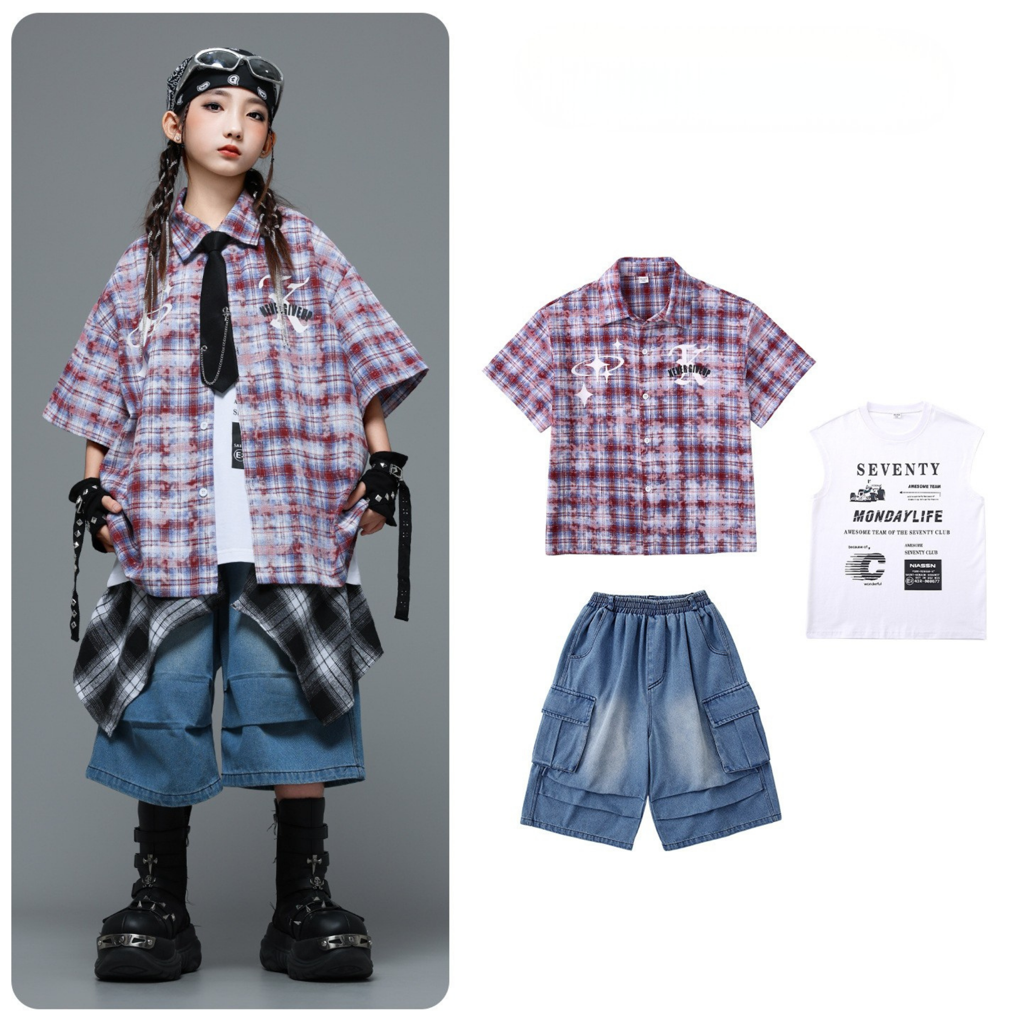 HIPHOP チェックシャツ デニムハーフパンツセットアップ キッズダンス衣装