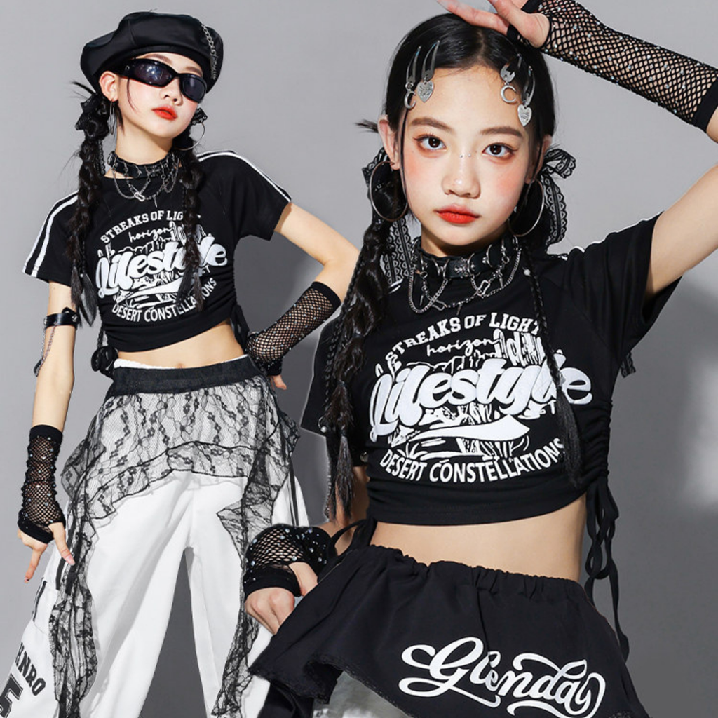 HIPHOP ブラックロゴ ホワイトワイドパンツセットアップ キッズダンス衣装