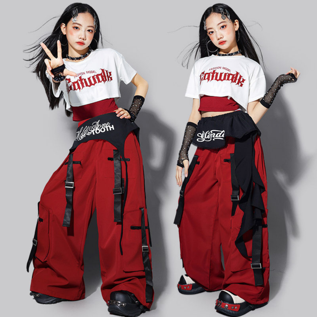 HIPHOP レッドストラップ カーゴパンツセットアップ キッズダンス衣装