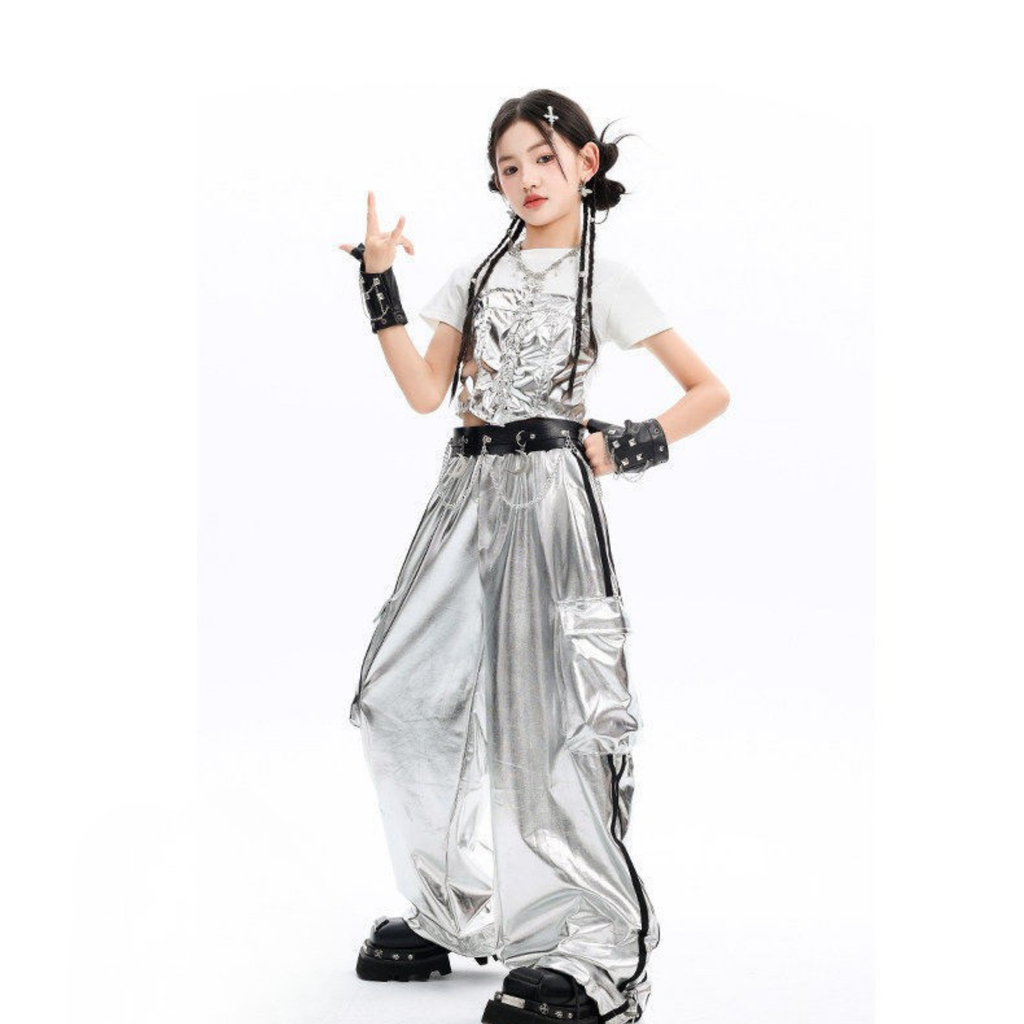 K-POP メタリックシルバー ワイドパンツセットアップ キッズダンス衣装