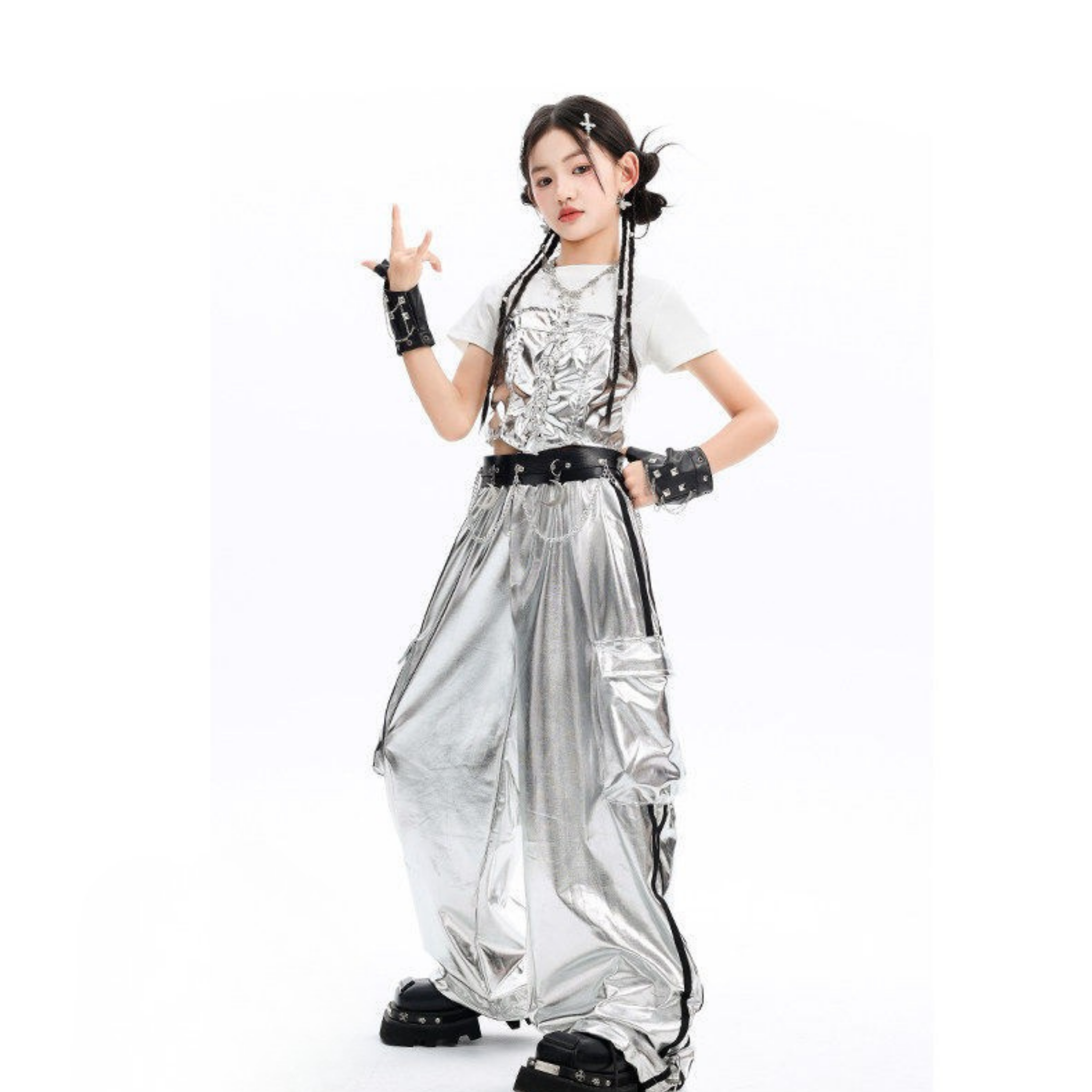 K-POP メタリックシルバー ワイドパンツセットアップ キッズダンス衣装