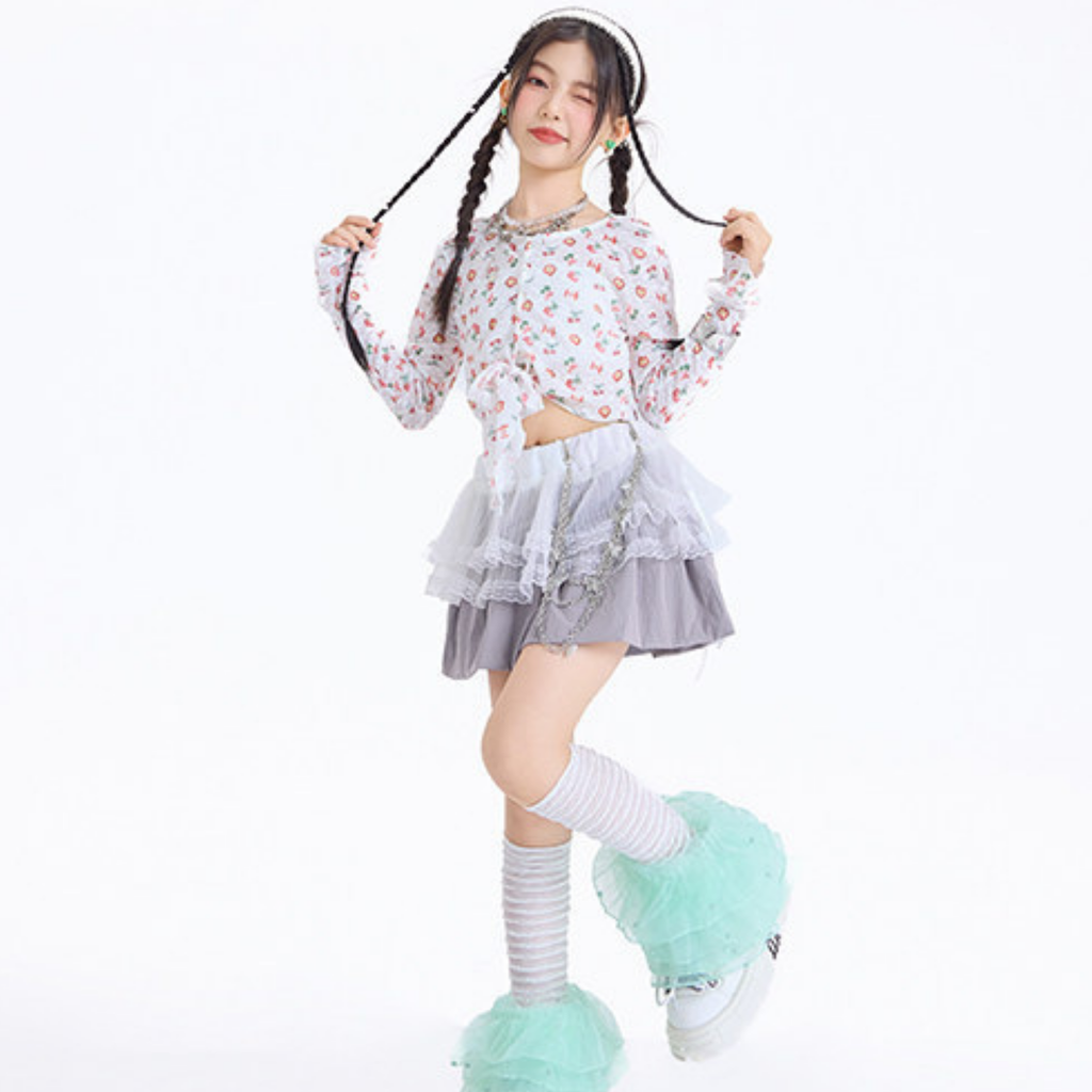 GIRLS フルーツプリント グレーティアードスカートセットアップ キッズダンス衣装