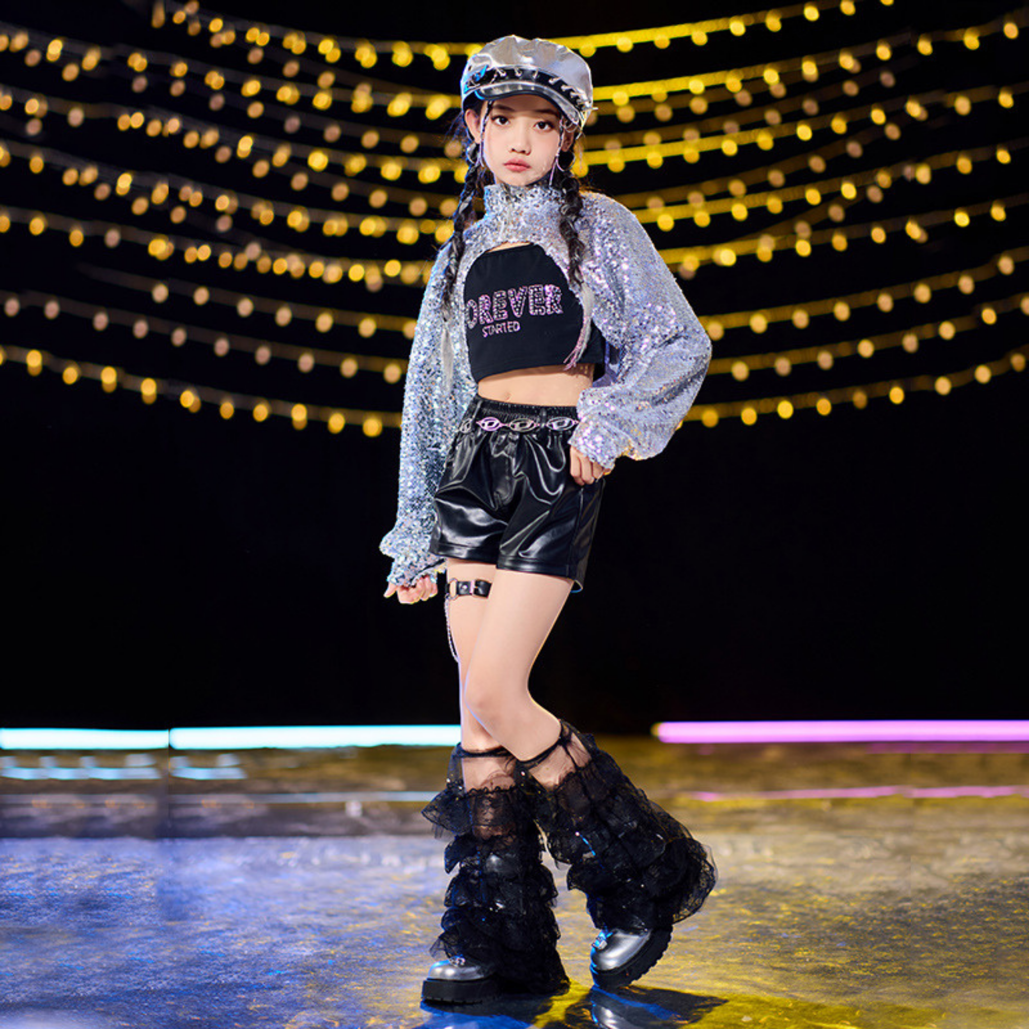 STREET シルバースパンコール ブラックセットアップ キッズダンス衣装