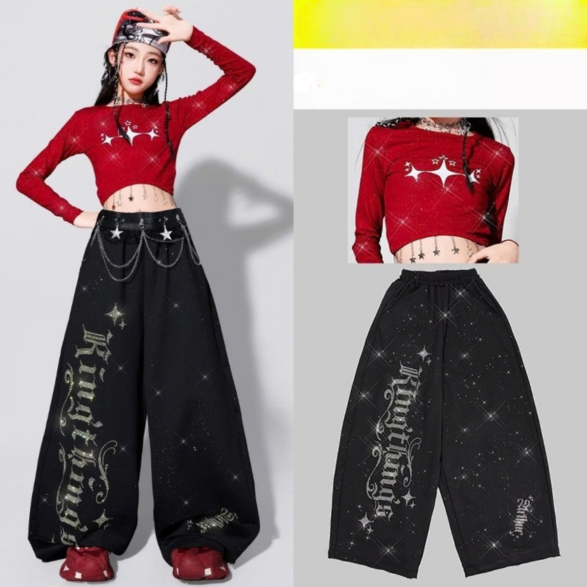 HIPHOP レッドクロップトップ グラフィックワイドパンツ セットアップ 商品画像3