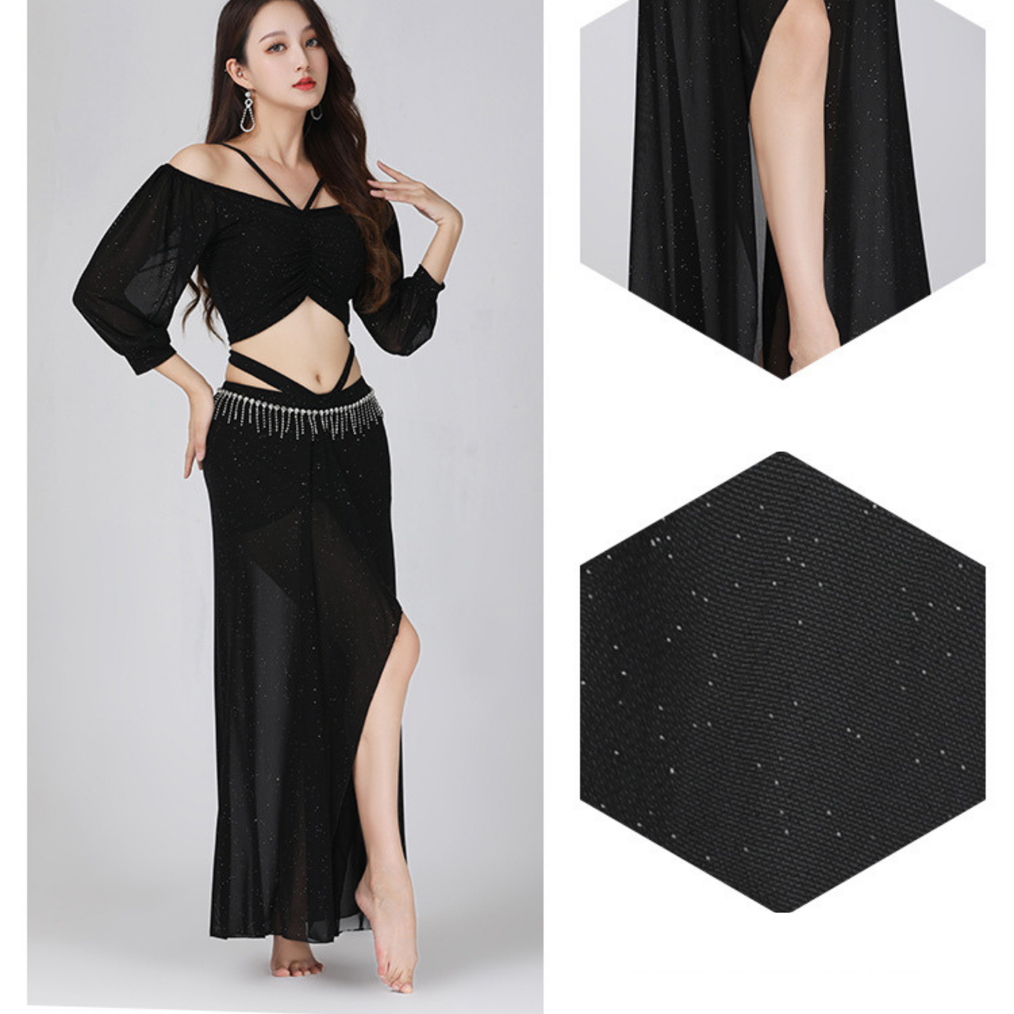 ベリーダンス　レッスンウェア　ラメ　メッシュ　ランタンスリーブ