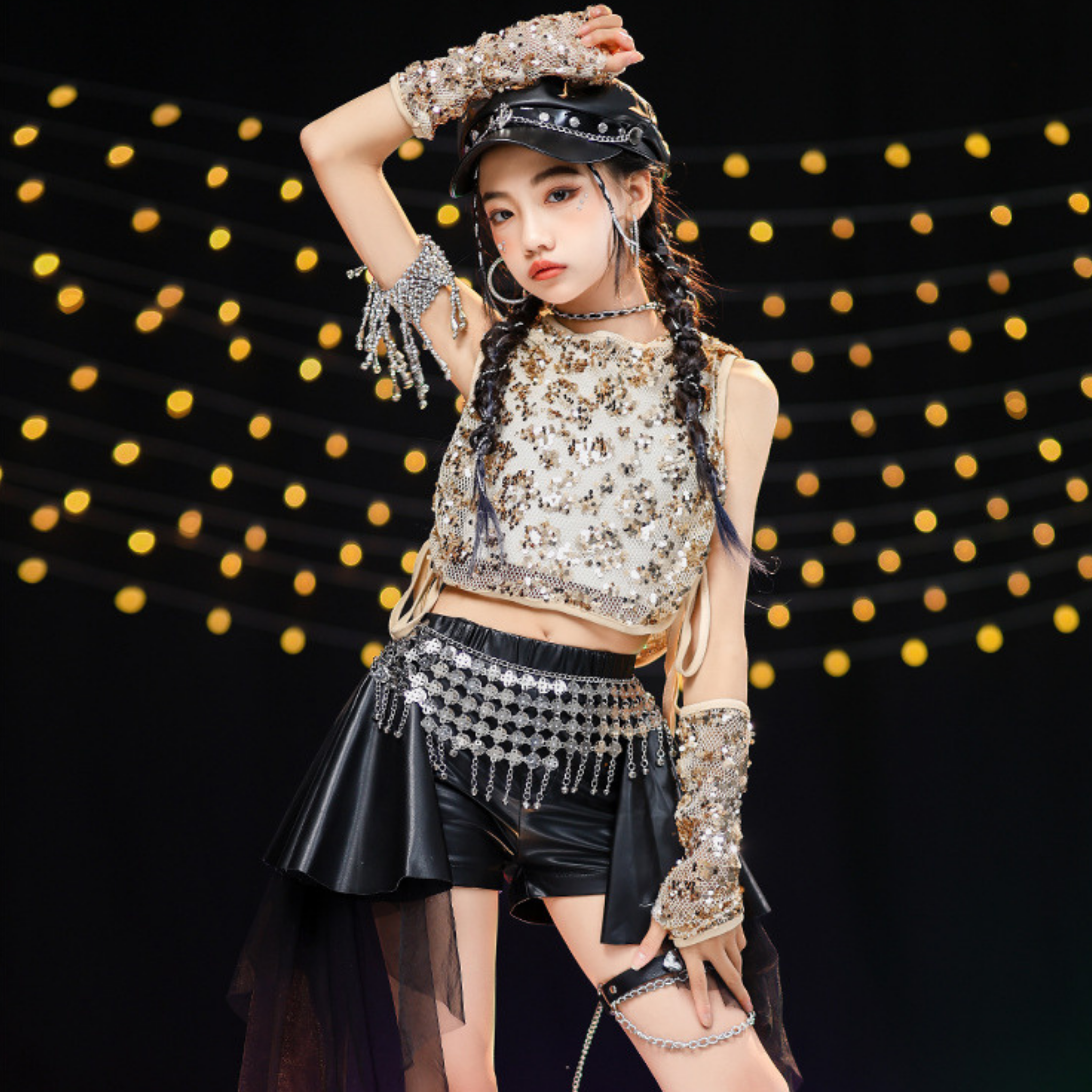 K-POP ゴールドスパンコール スカートパンツセットアップ キッズダンス衣装