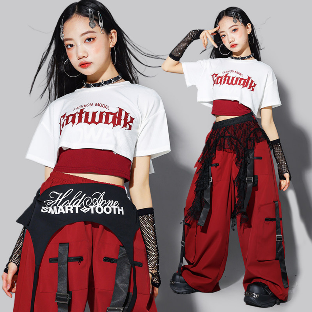 HIPHOP レッドストラップ カーゴパンツセットアップ キッズダンス衣装
