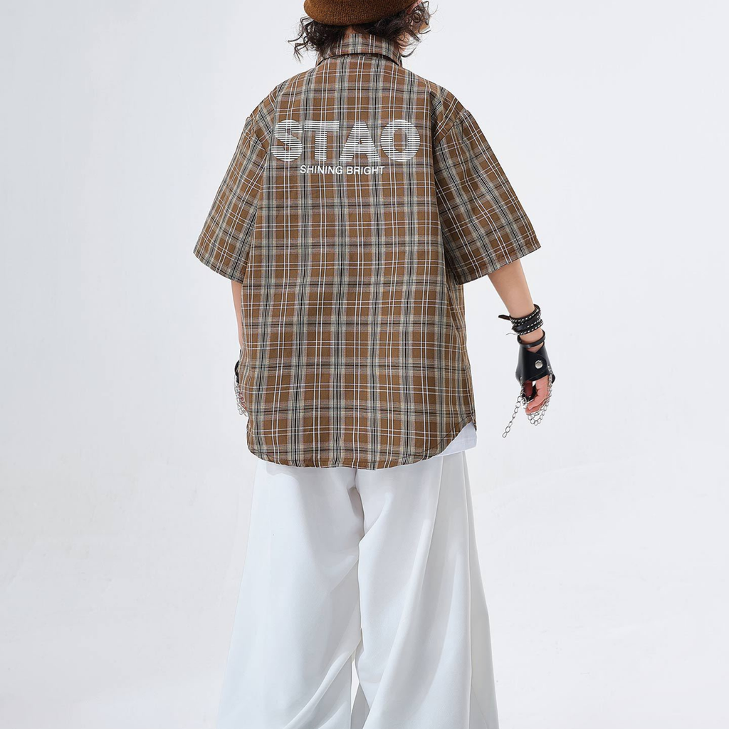 STREET ブラウンチェック ホワイトワイドパンツセットアップ キッズダンス衣装