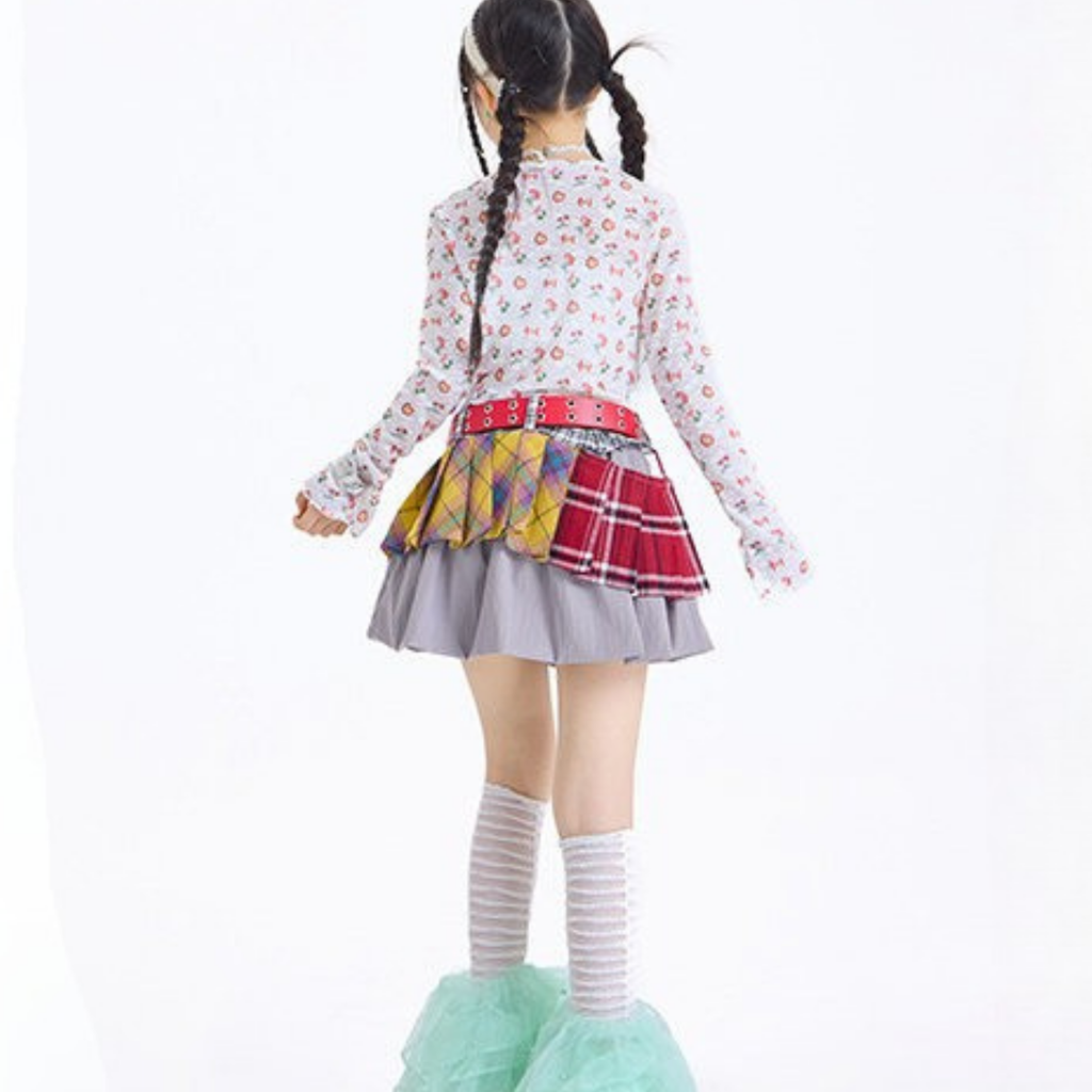 GIRLS フルーツプリント グレーティアードスカートセットアップ キッズダンス衣装
