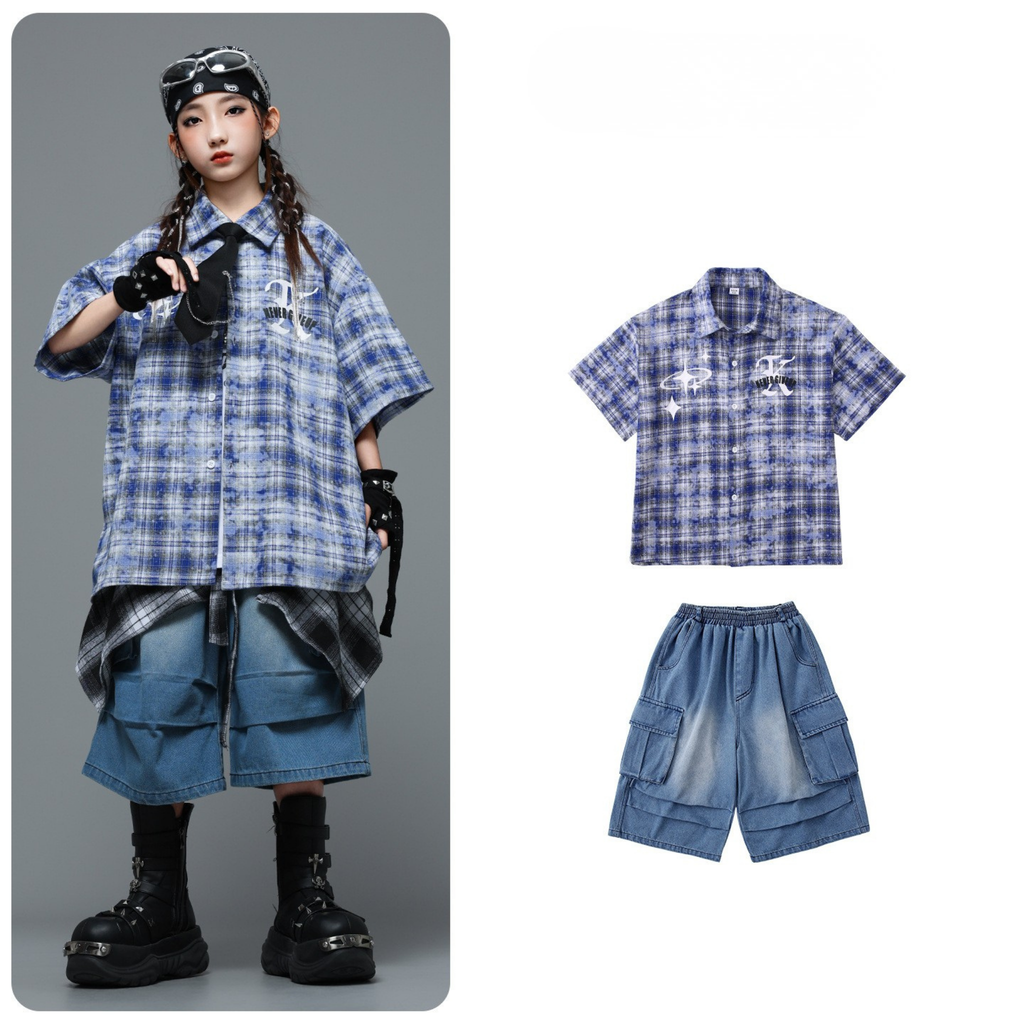 HIPHOP チェックシャツ デニムハーフパンツセットアップ キッズダンス衣装
