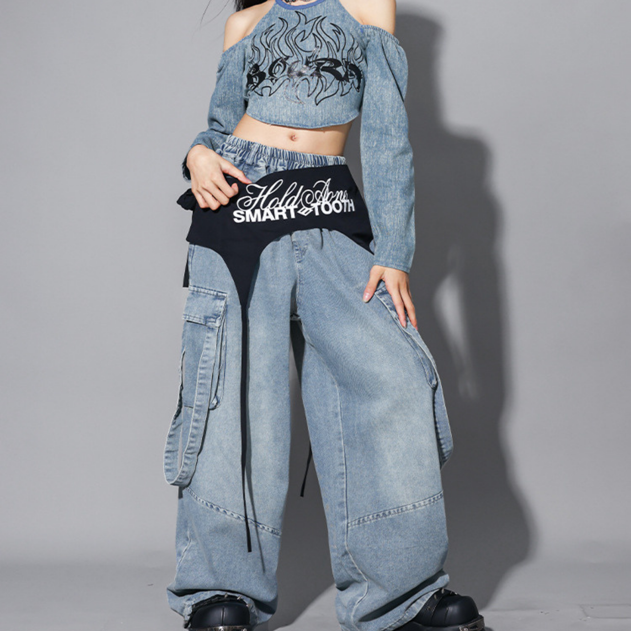HIPHOP デニムグラフィック セットアップ キッズダンス衣装