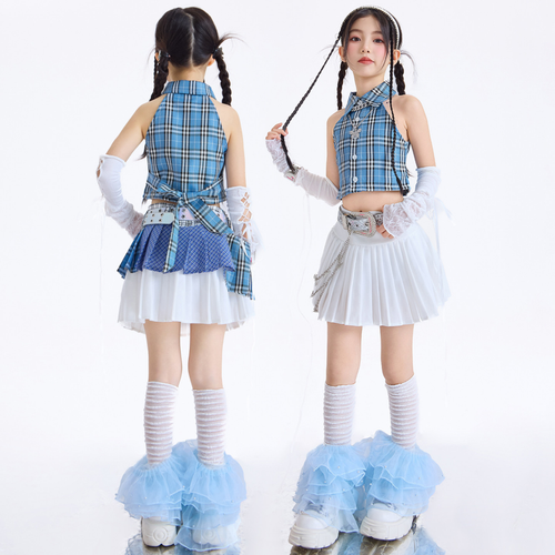 GIRLS ブルーチェック プリーツスカートセットアップ キッズダンス衣装