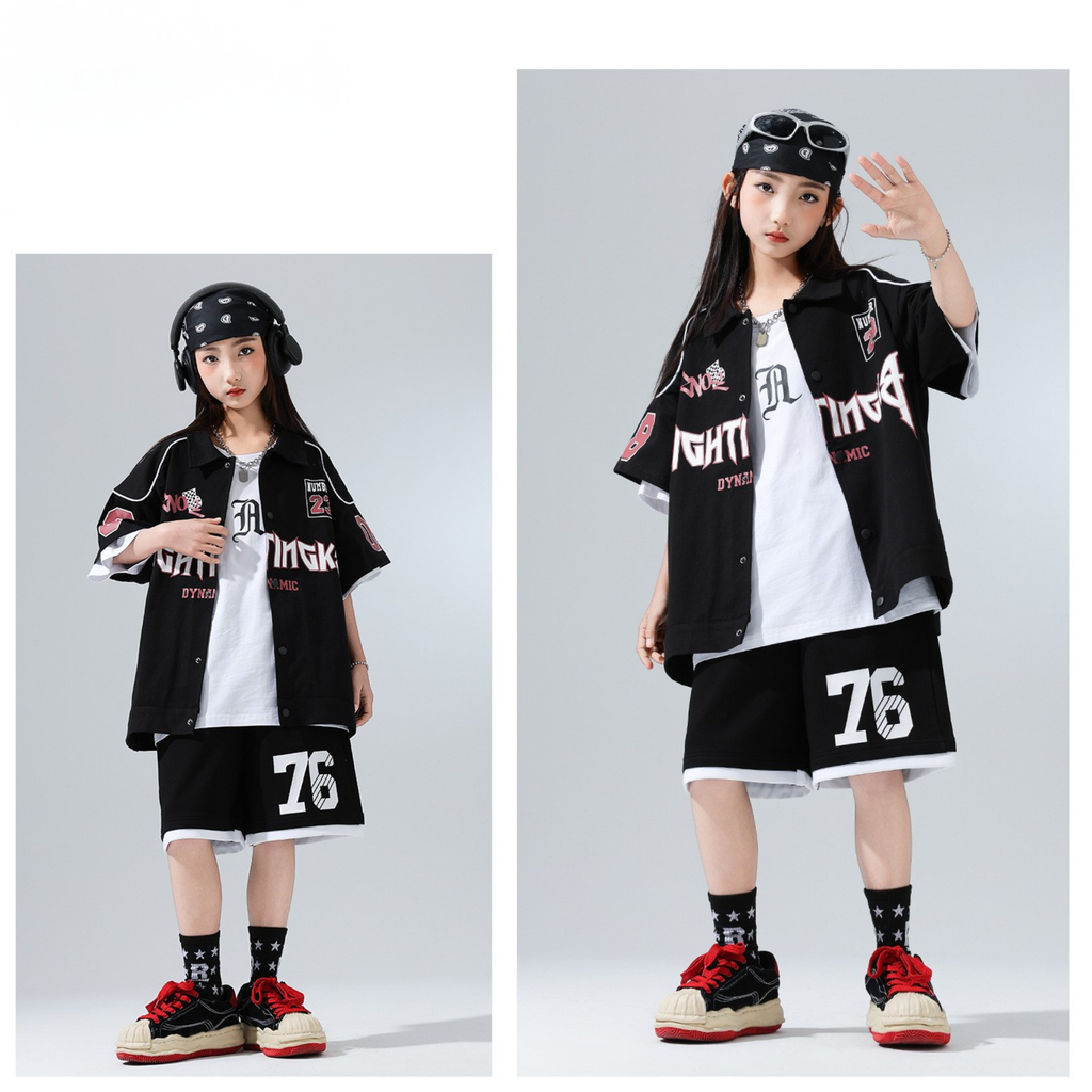 HIPHOP ブラックナンバー ハーフパンツセットアップ キッズダンス衣装