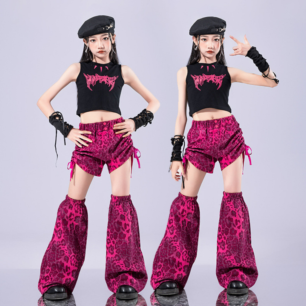 GIRLS ピンクレオパード ステージセットアップ キッズダンス衣装
