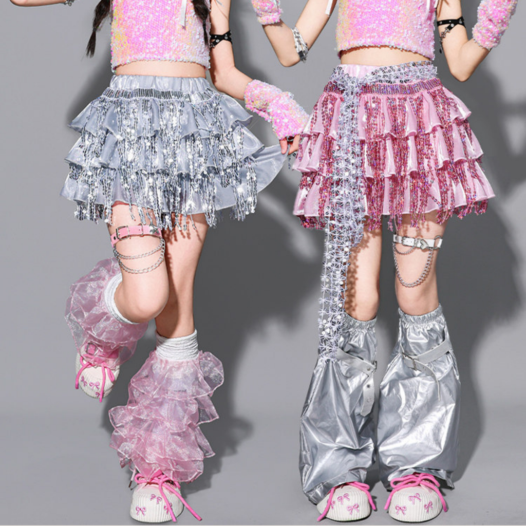 GIRLS ピンクシルバー スパンコールフリルセットアップ キッズダンス衣装