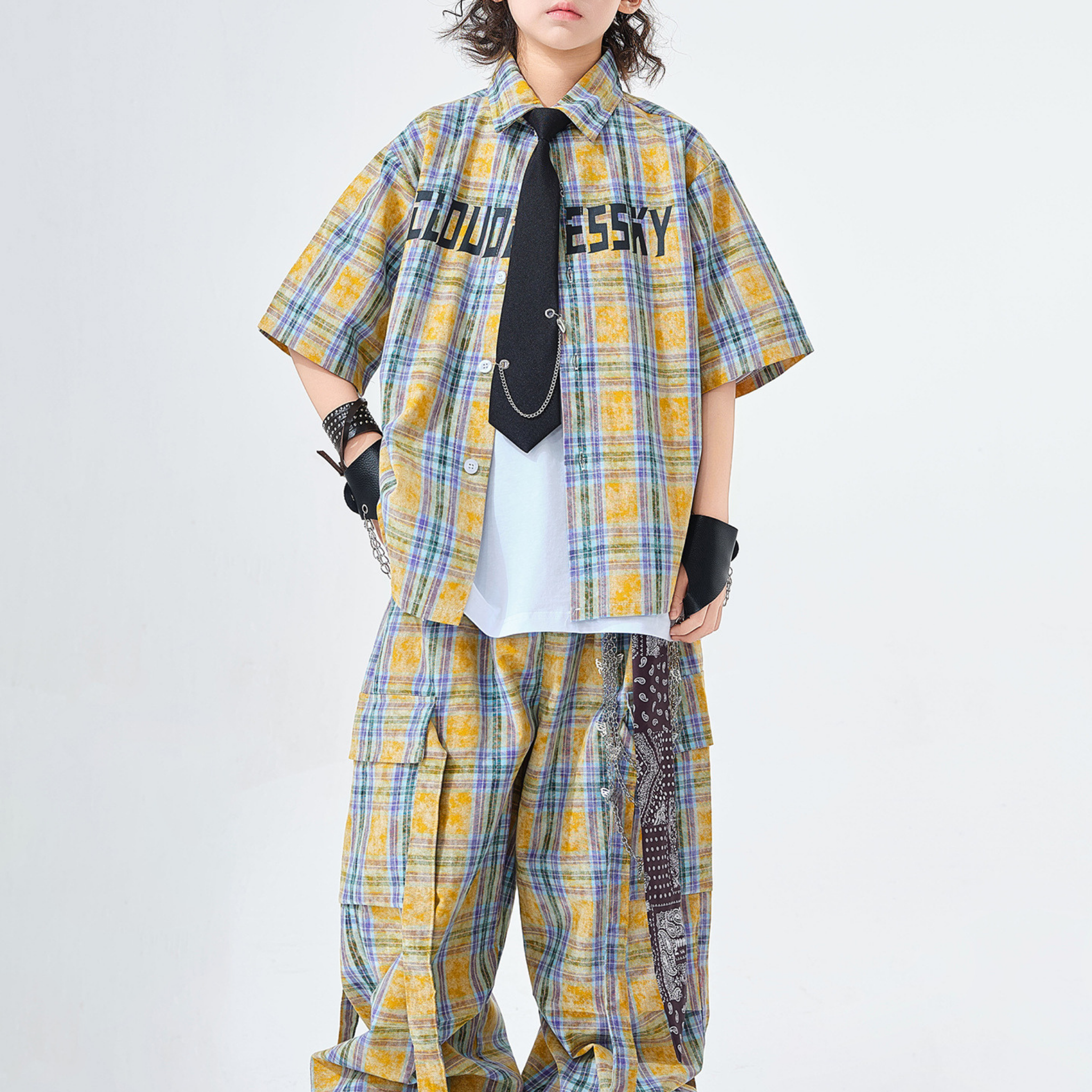 STREET イエローチェック ワイドパンツセットアップ キッズダンス衣装
