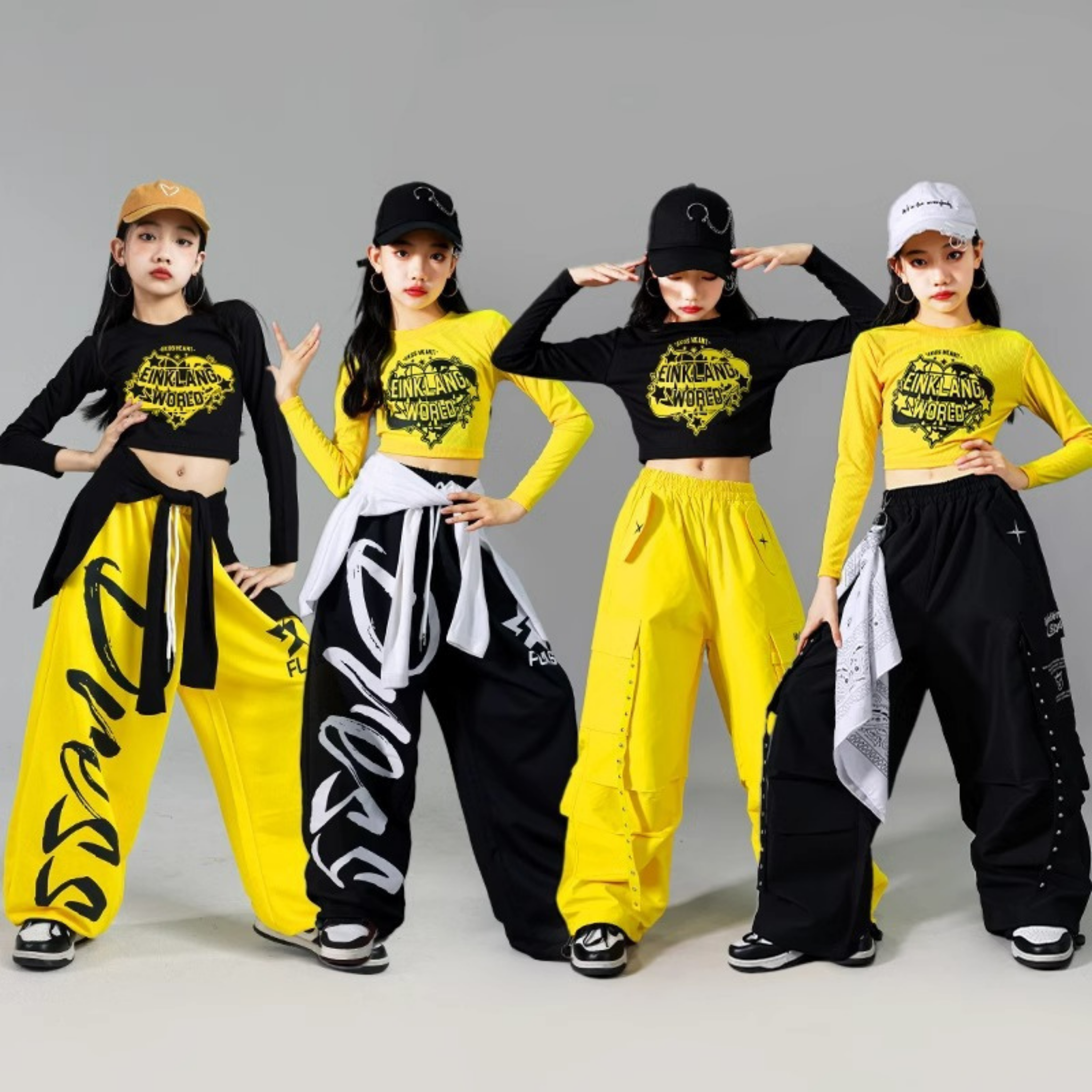 HIPHOP ブラックイエロー ワイドパンツセットアップ キッズダンス衣装