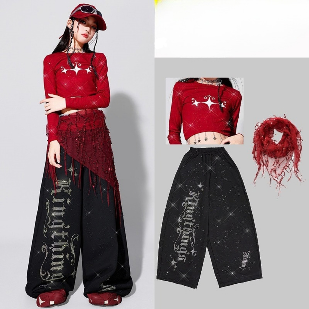 HIPHOP レッドクロップトップ グラフィックワイドパンツ セットアップ 商品画像4