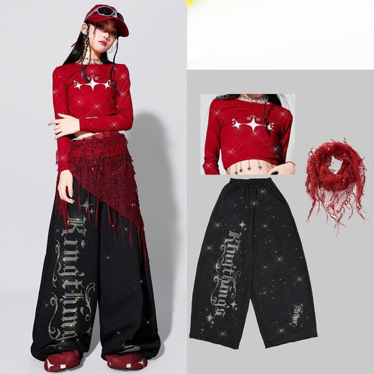 HIPHOP レッドクロップトップ グラフィックワイドパンツ セットアップ 商品画像4