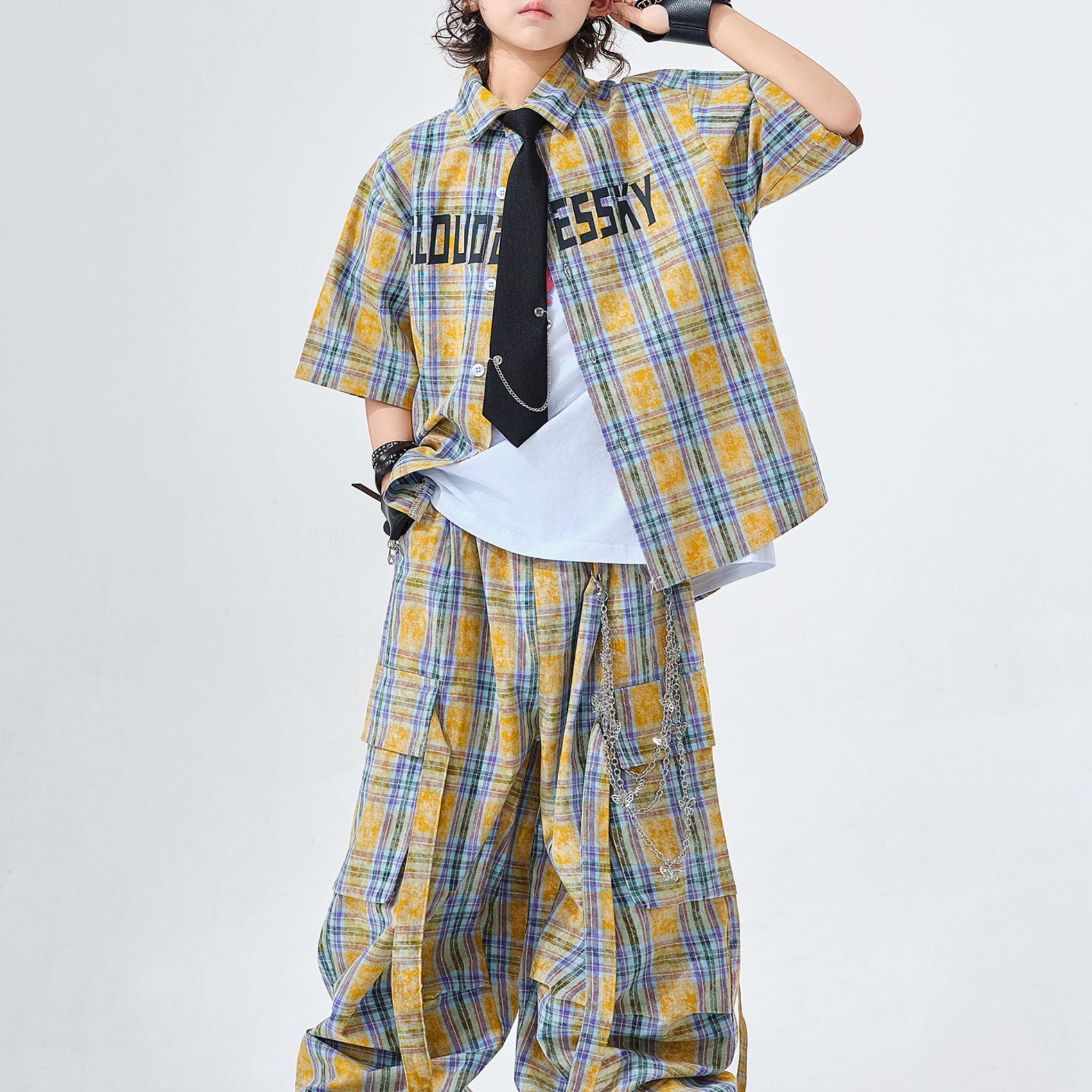 STREET イエローチェック ワイドパンツセットアップ キッズダンス衣装